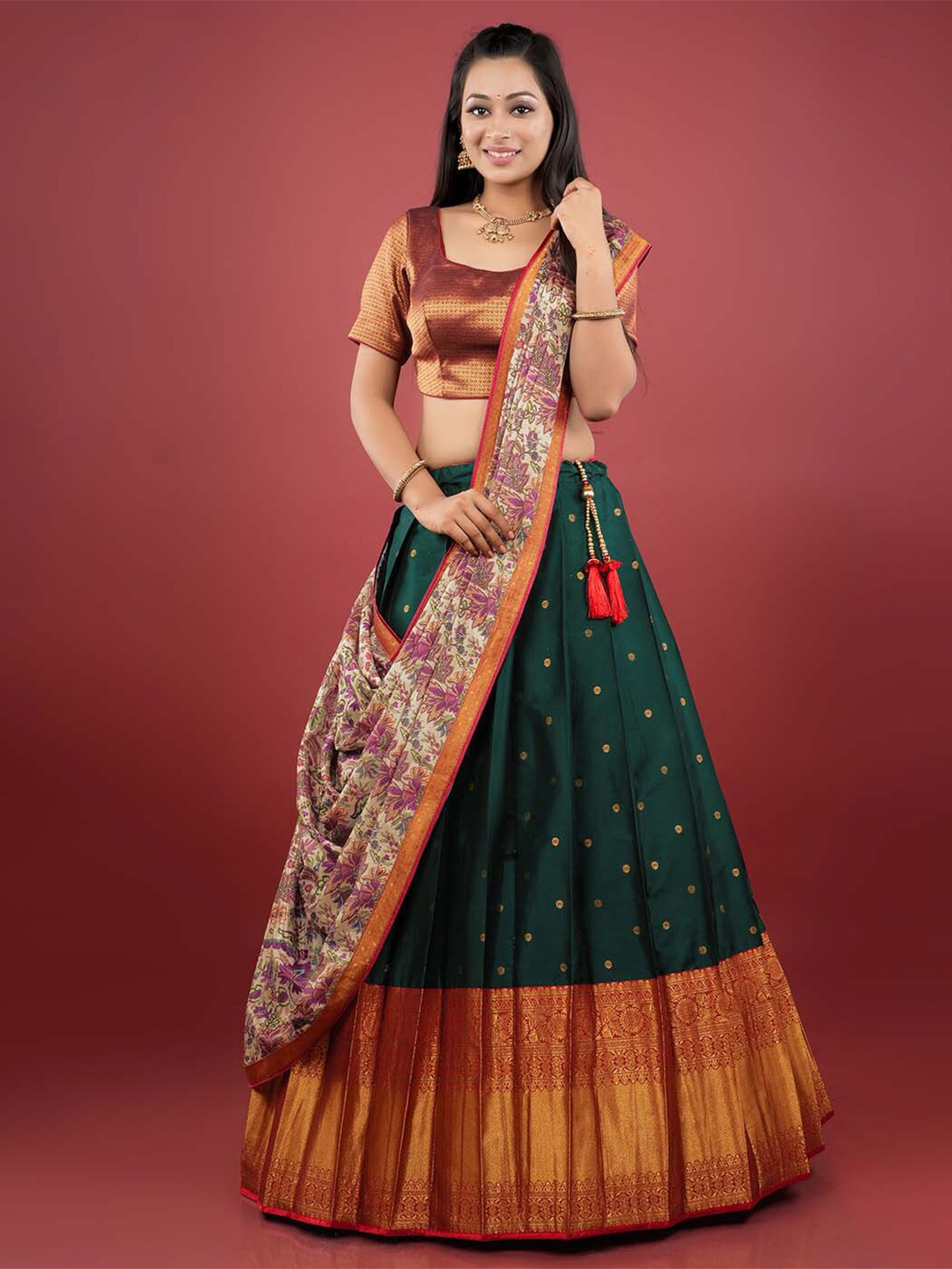 

HALFSAREE STUDIO Woven Design Semi-Stitched Lehenga & Unstitched Blouse With Dupatta, Green