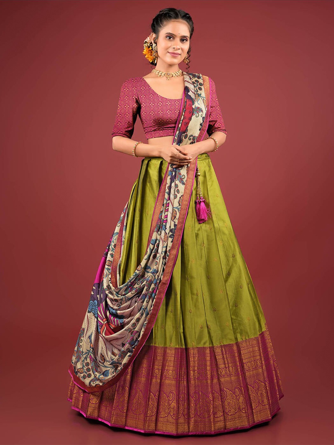 

HALFSAREE STUDIO Woven Design Semi-Stitched Lehenga & Unstitched Blouse With Dupatta, Green