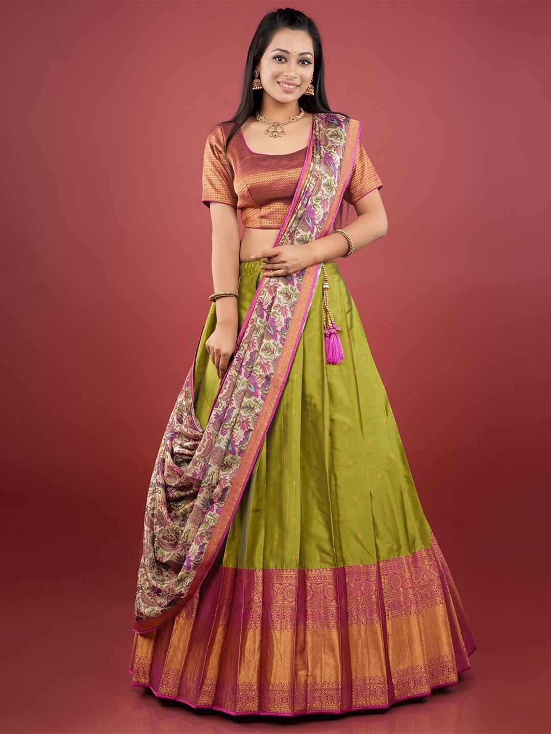 

HALFSAREE STUDIO Woven Design Semi-Stitched Lehenga & Unstitched Blouse With Dupatta, Green