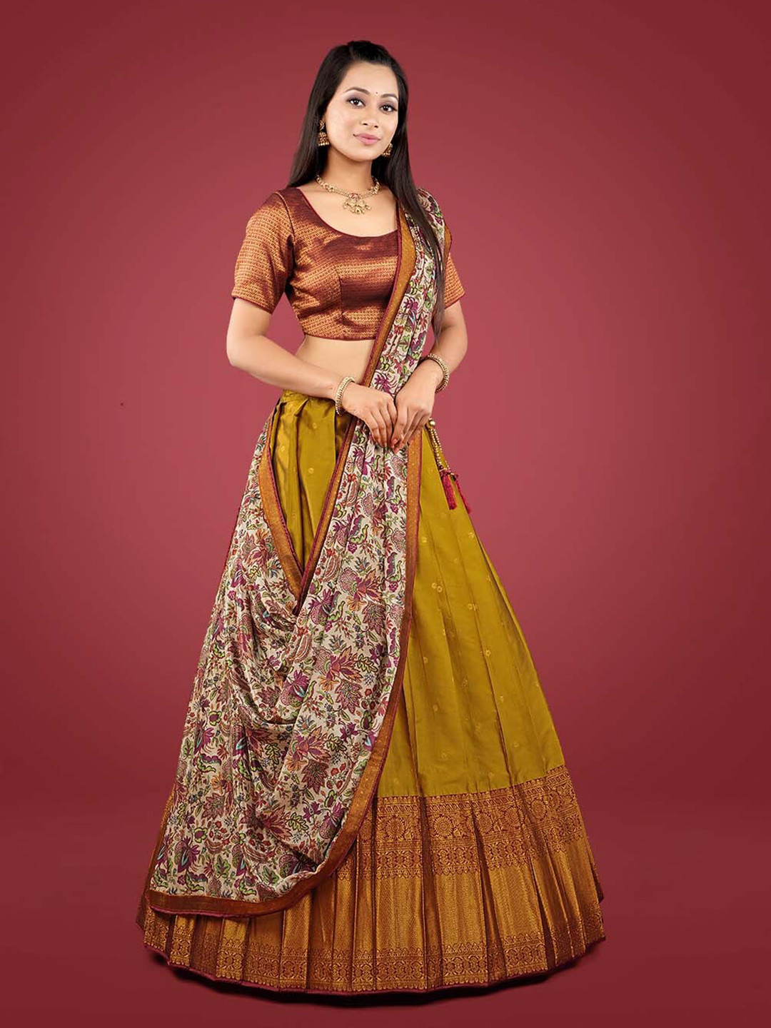 

HALFSAREE STUDIO Woven Design Semi-Stitched Lehenga & Unstitched Blouse With Dupatta, Mustard