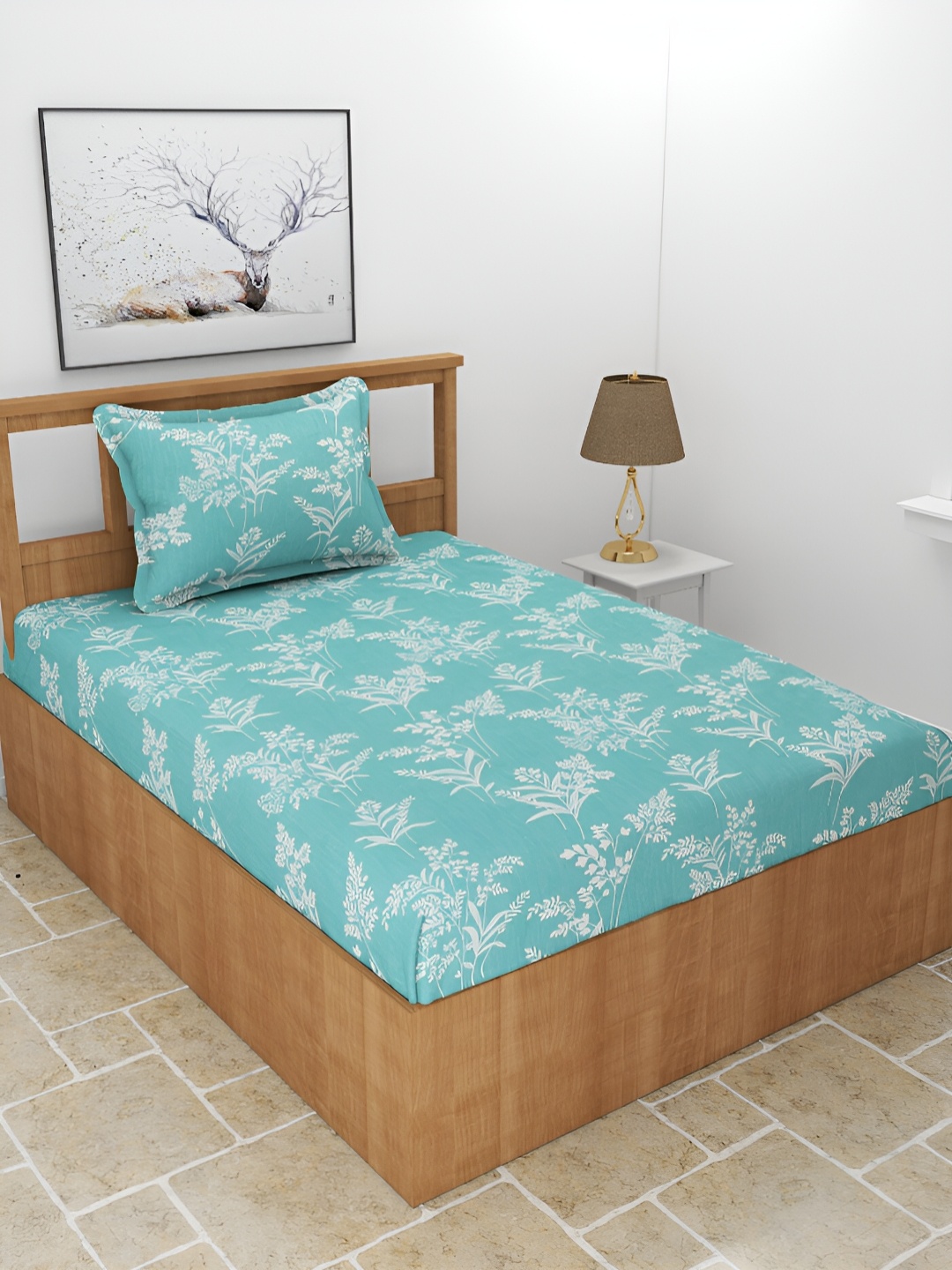 

BREVARD Green & White Floral 210 TC Single Bedsheet with Pillow Cover