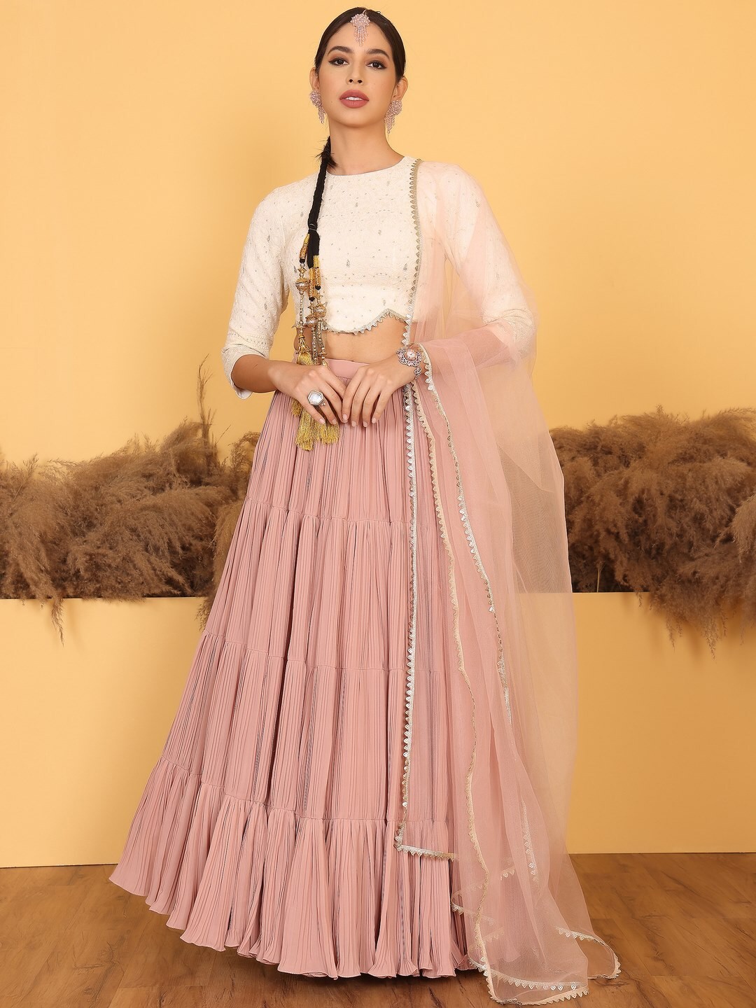 

Ethnovog Embroidered Ready to Wear Lehenga & Blouse With Dupatta, White