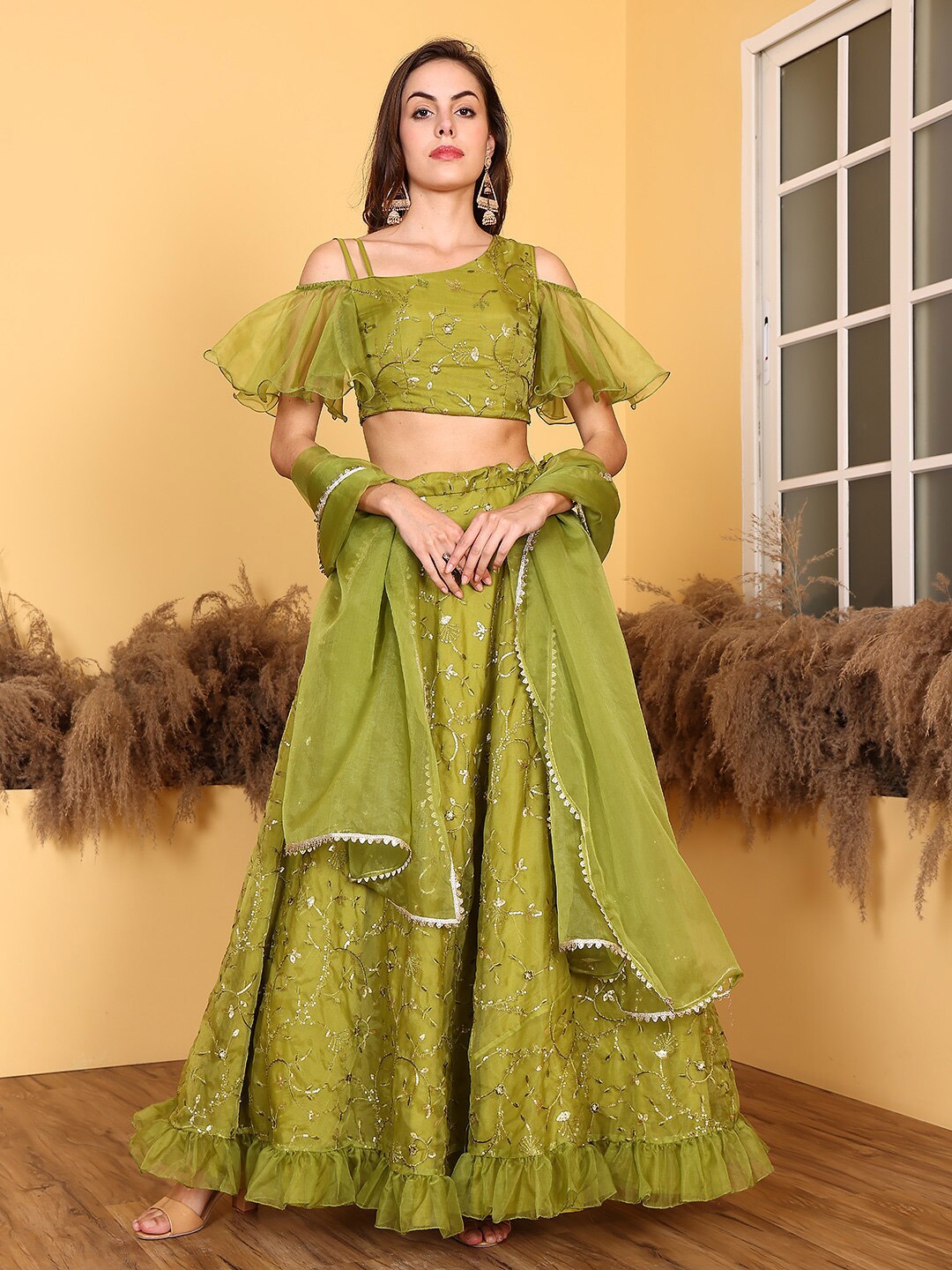 

Ethnovog Embroidered Sequinned Ready to Wear Lehenga & Blouse With Dupatta, Green