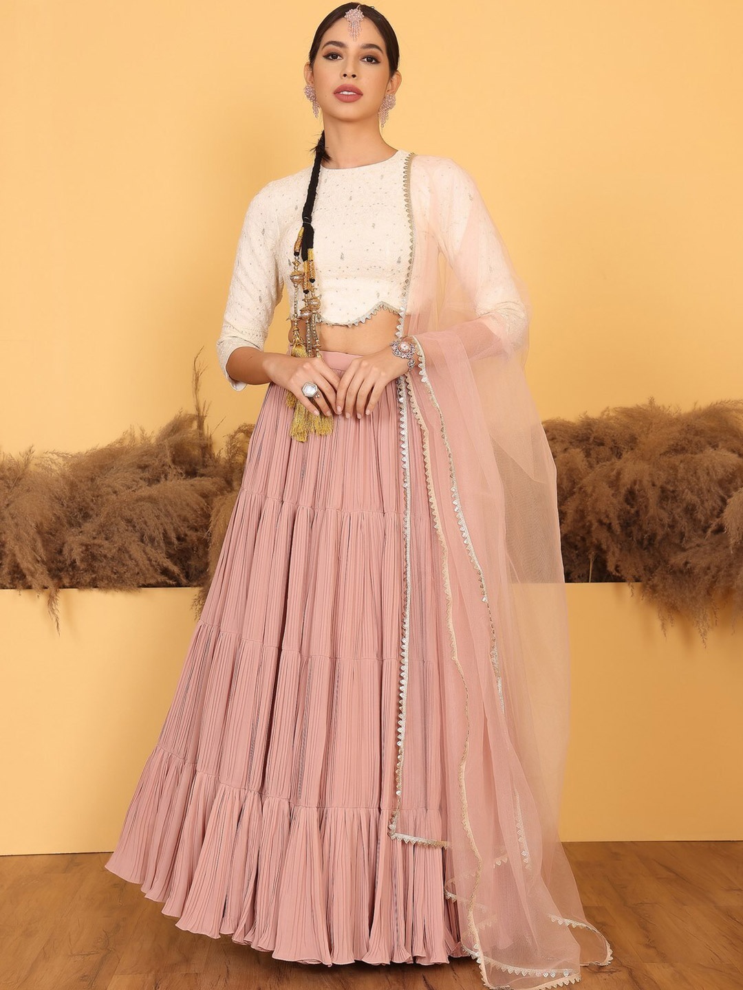 

Ethnovog Embroidered Ready to Wear Lehenga & Blouse With Dupatta, White