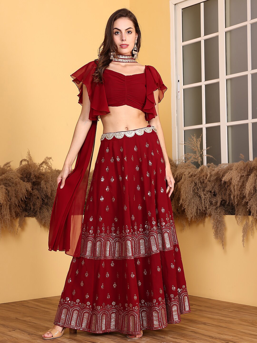 

Ethnovog Sequined Flared Hem Ready to Wear Lehenga & Blouse With Dupatta, Maroon
