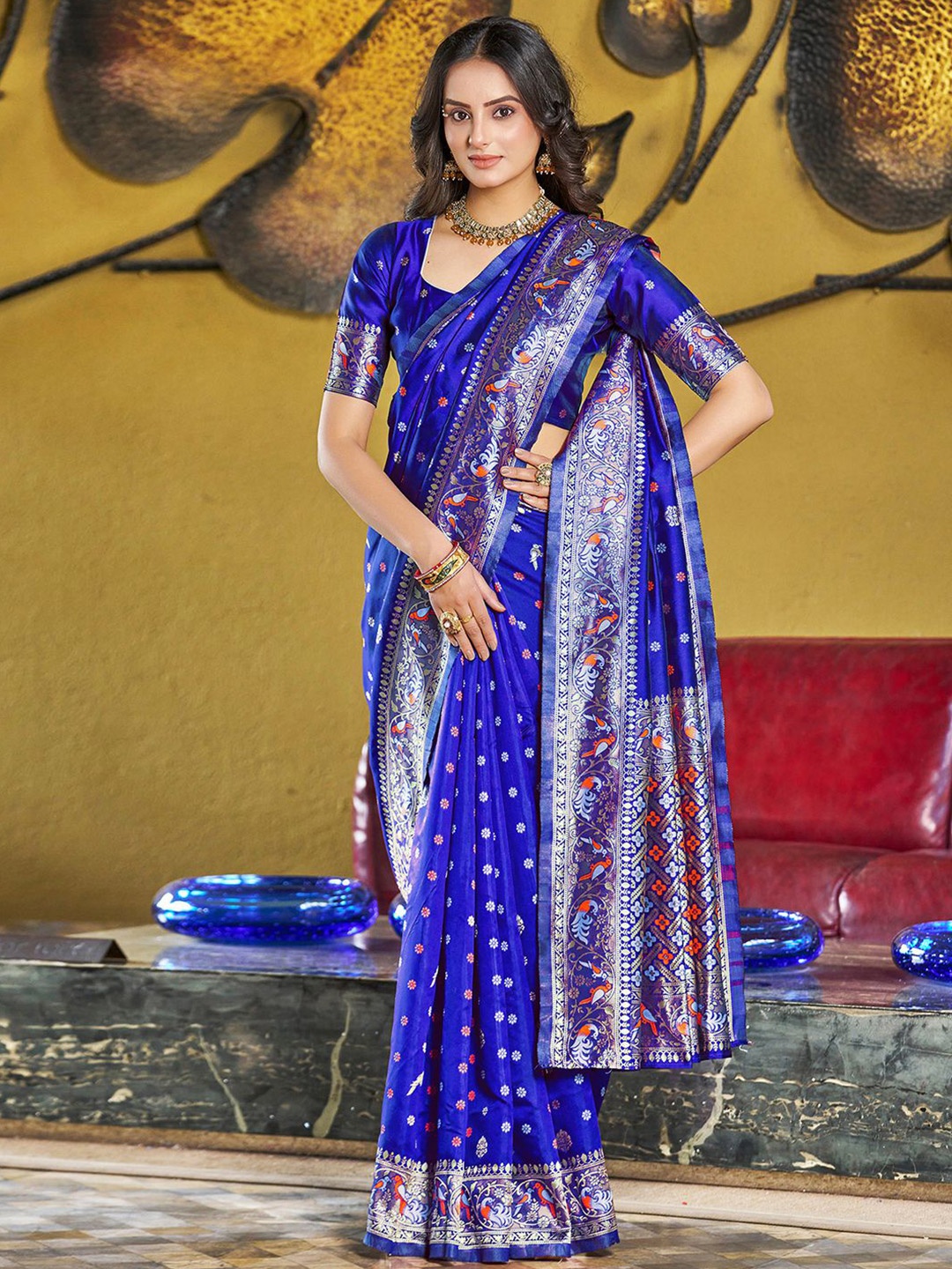 

SIRIL Woven Design Zari Art Silk Paithani Saree, Blue