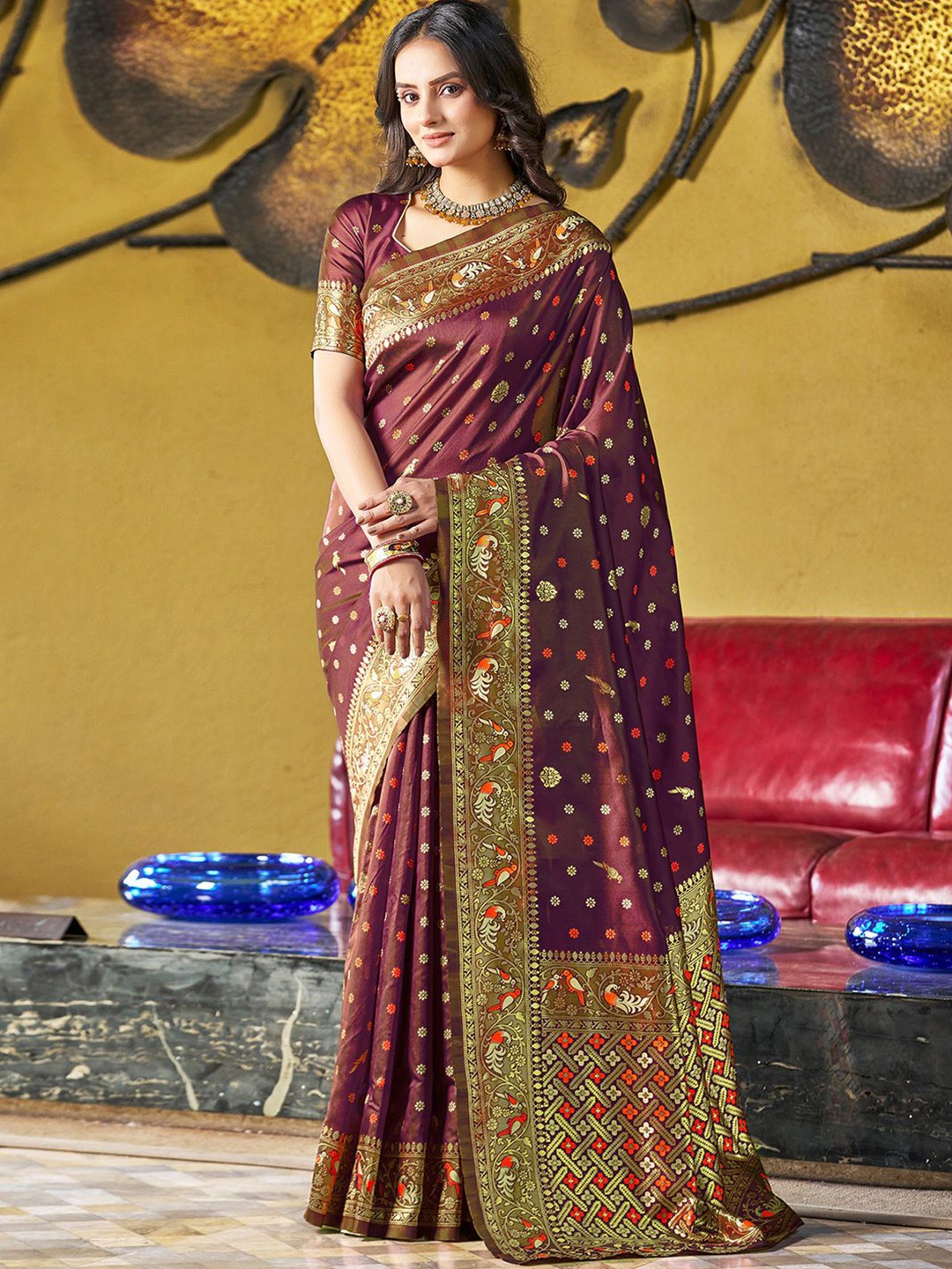 

SIRIL Woven Design Zari Art Silk Paithani Saree, Brown