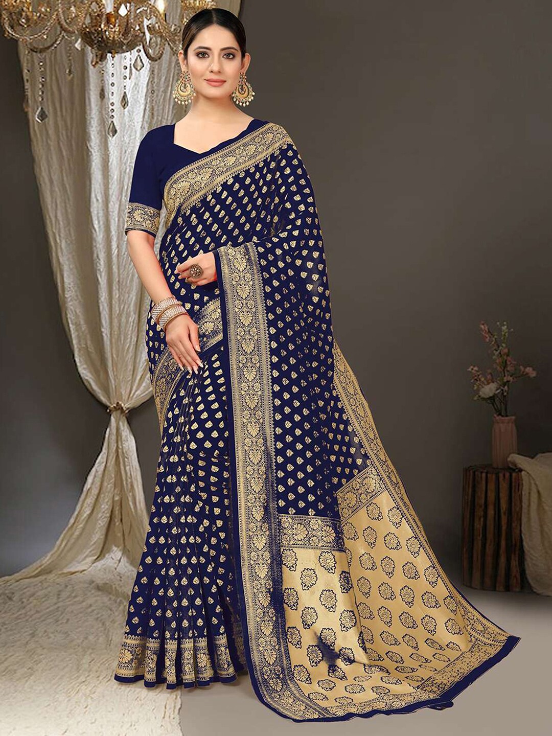 

SIRIL Woven Design Zari Art Silk Banarasi Saree, Navy blue