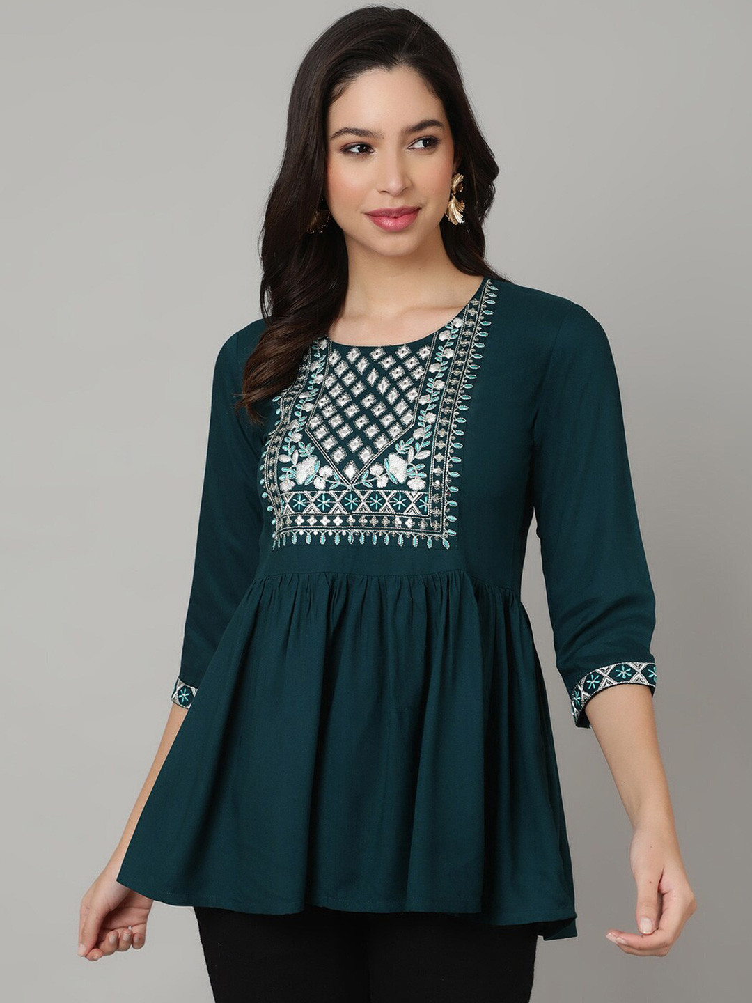 

NISHABD Embroidered Round Neck Pure Cotton Top, Blue