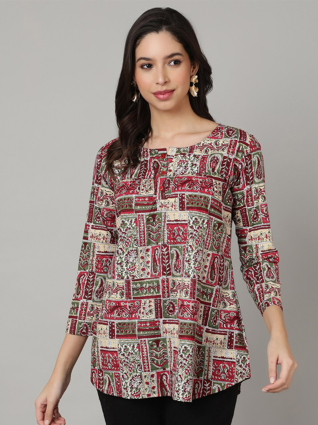 

NISHABD Ethnic Motifs Printed Shirt Style Top, Multi