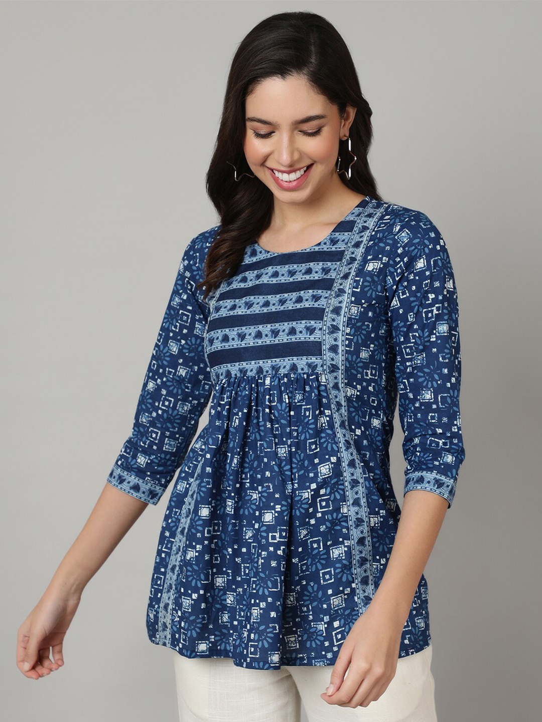 

NISHABD Abstract Printed Round Neck Flared Top, Blue