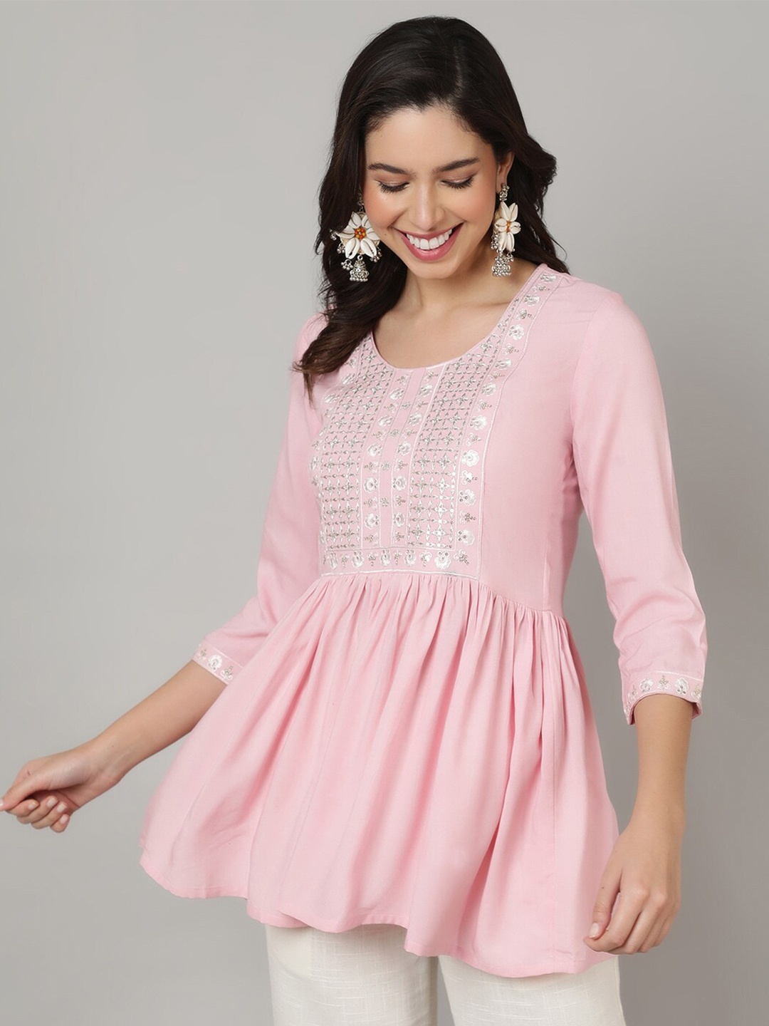 

NISHABD Pink Embellished Round Neck Cotton Longline Top
