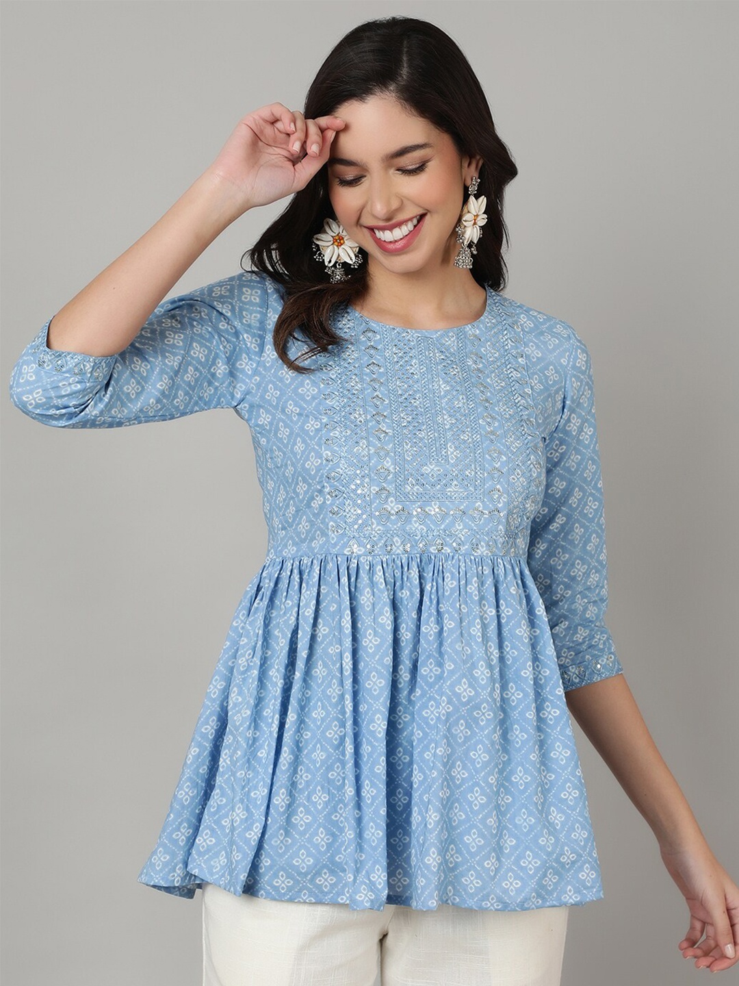 

NISHABD Embroidered Polka Dot Printed Regular Fit Top, Blue