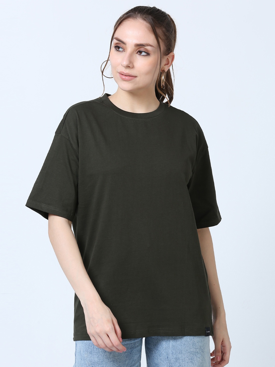 

SILISOUL Women Drop Shoulder Sleeves Premium Boyfriend Fit Pure Cotton Bio Finish T-Shirt, Olive