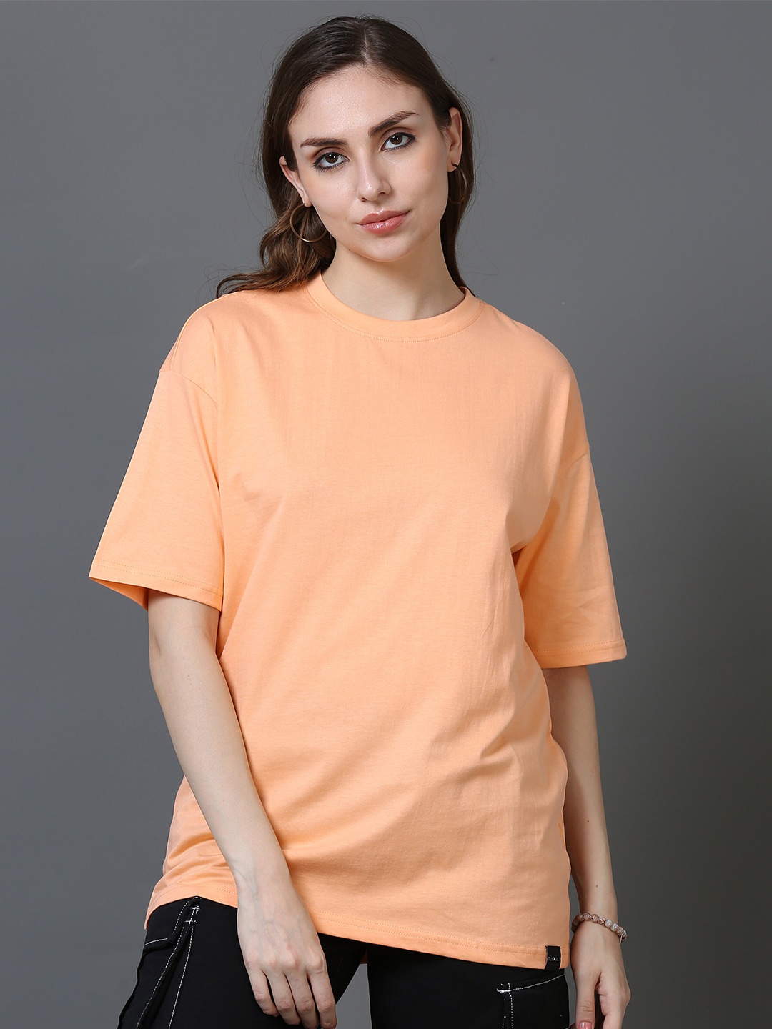 

SILISOUL Premium Boyfriend Fit Pure Cotton Bio Finish T-Shirt, Peach