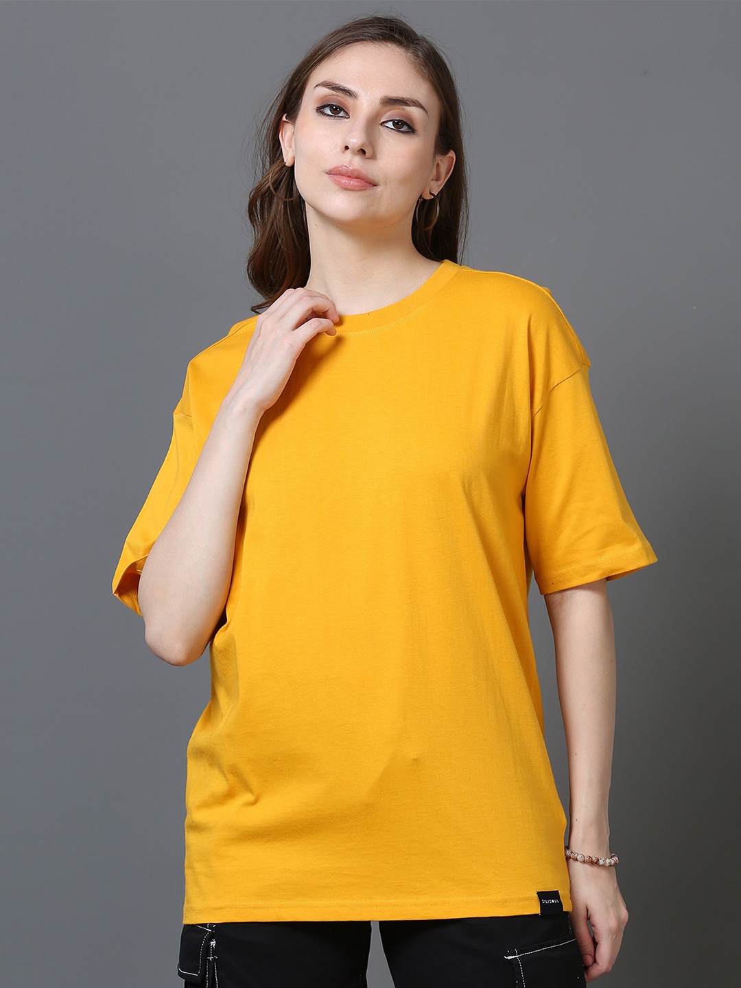 

SILISOUL Solid Premium Boyfriend Fit Pure Cotton Bio Finish T-Shirt, Mustard