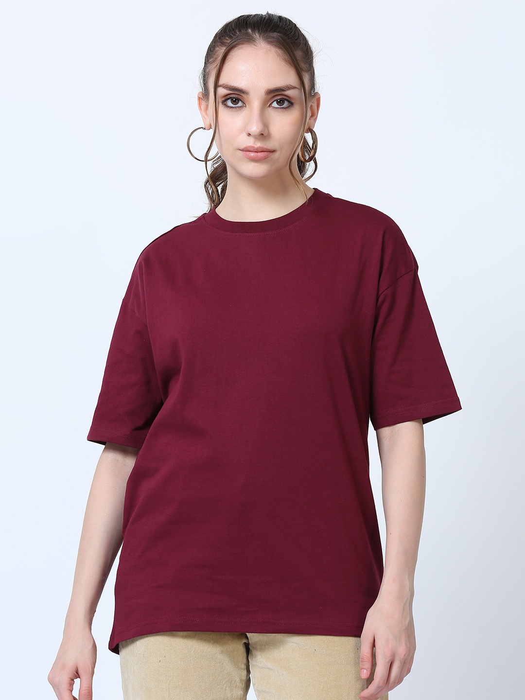 

SILISOUL Boyfriend Fit Bio Finish Pure Cotton T-shirt, Maroon