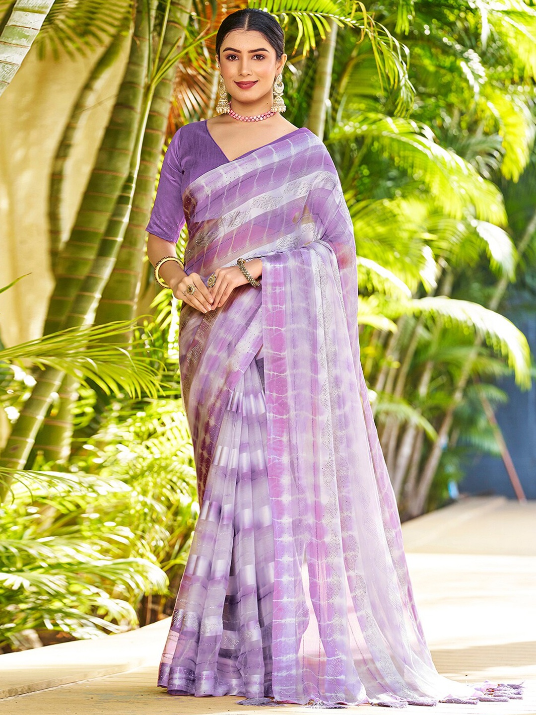 

Mitera Striped Beads And Stones Embellished Saree, Purple