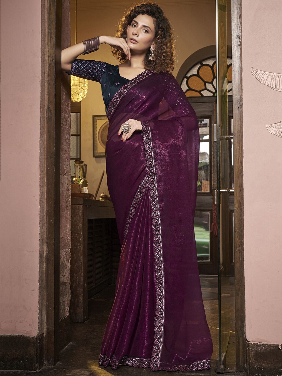 

Mitera Sequinned Embroidered Saree, Purple