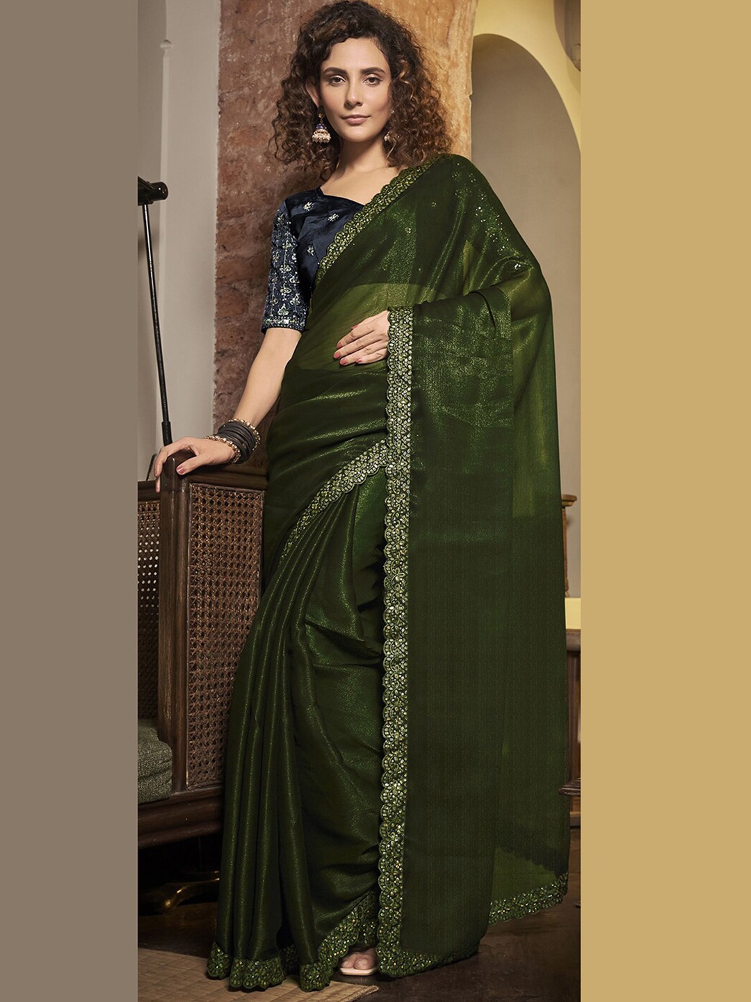 

Mitera Sequinned Chiffon Saree, Olive