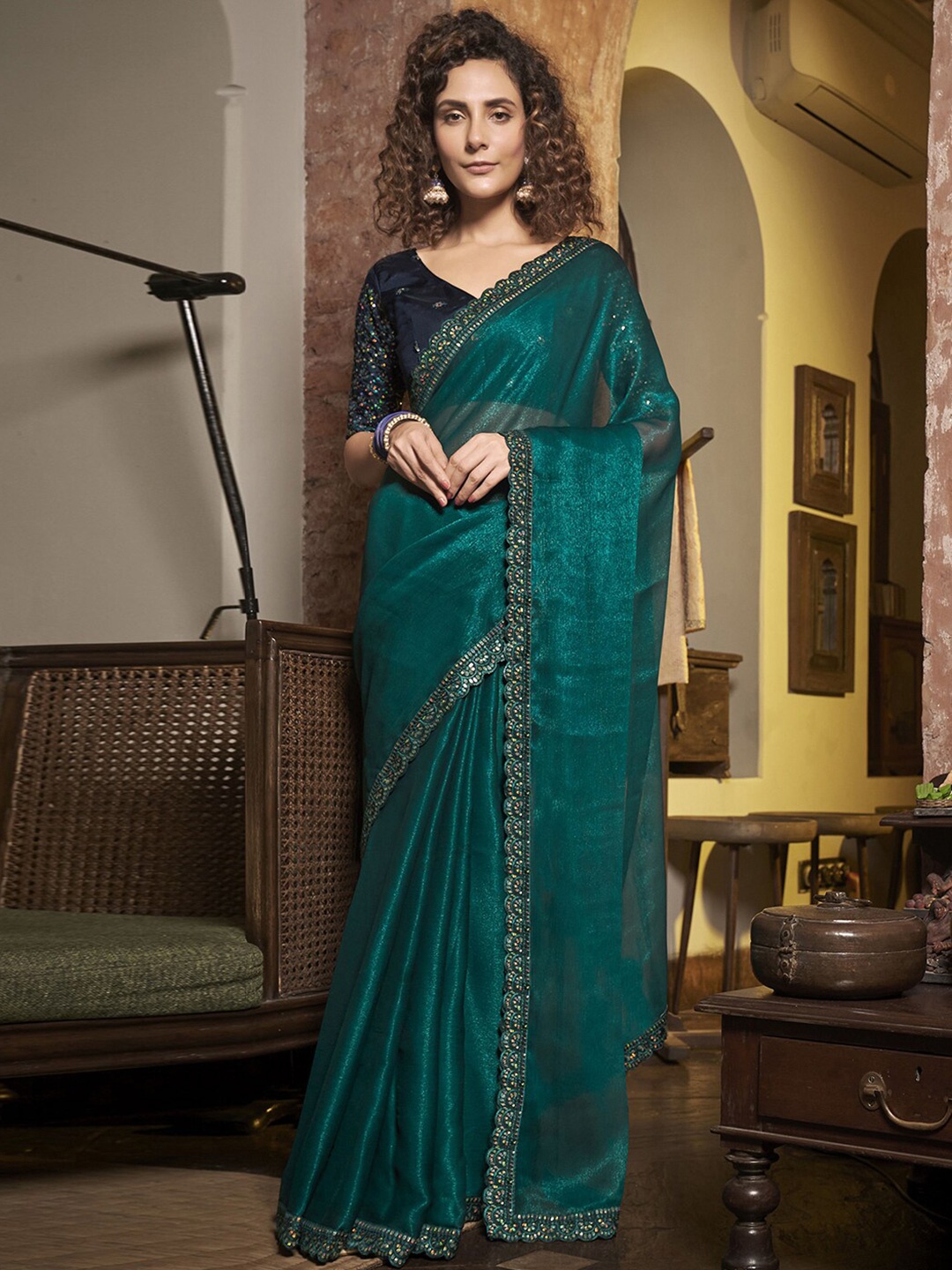 

Mitera Sequinned Embroidered Saree, Green