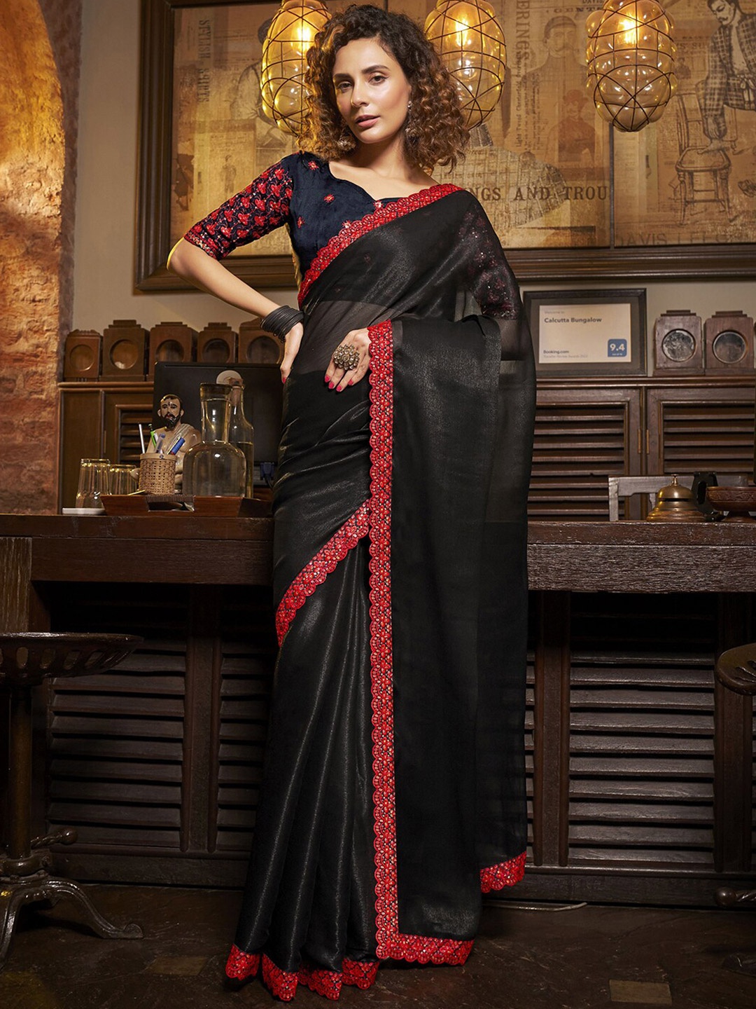 

Mitera Black & Red Embellished Sequinned Saree