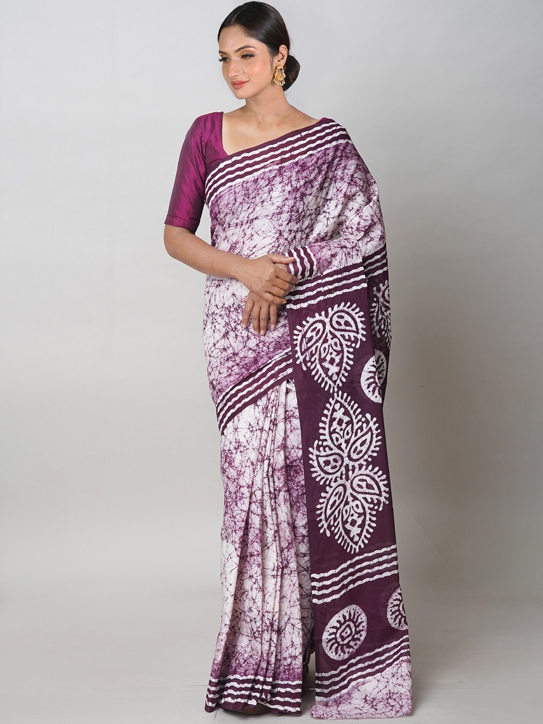 

Unnati Silks Batik Pure Cotton Handloom Block Print Saree, Cream