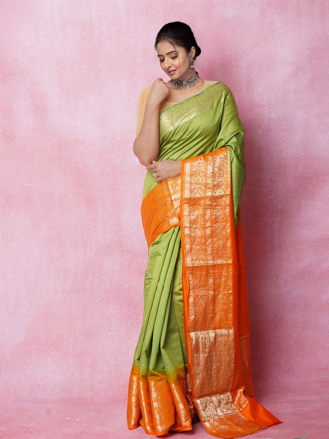 

Unnati Silks Ombre Zari Pure Silk Handloom Banarasi Saree, Olive