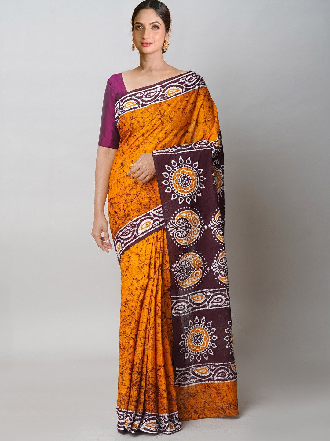 

Unnati Silks Batik Pure Cotton Block Print Saree, Yellow