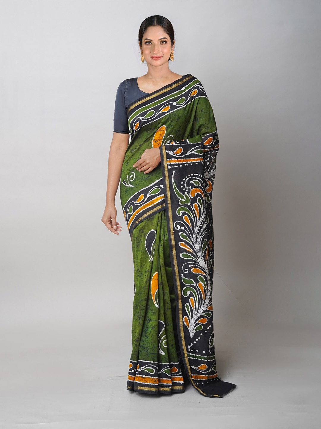 

Unnati Silks Batik Printed Zari Handloom Chanderi Saree, Green