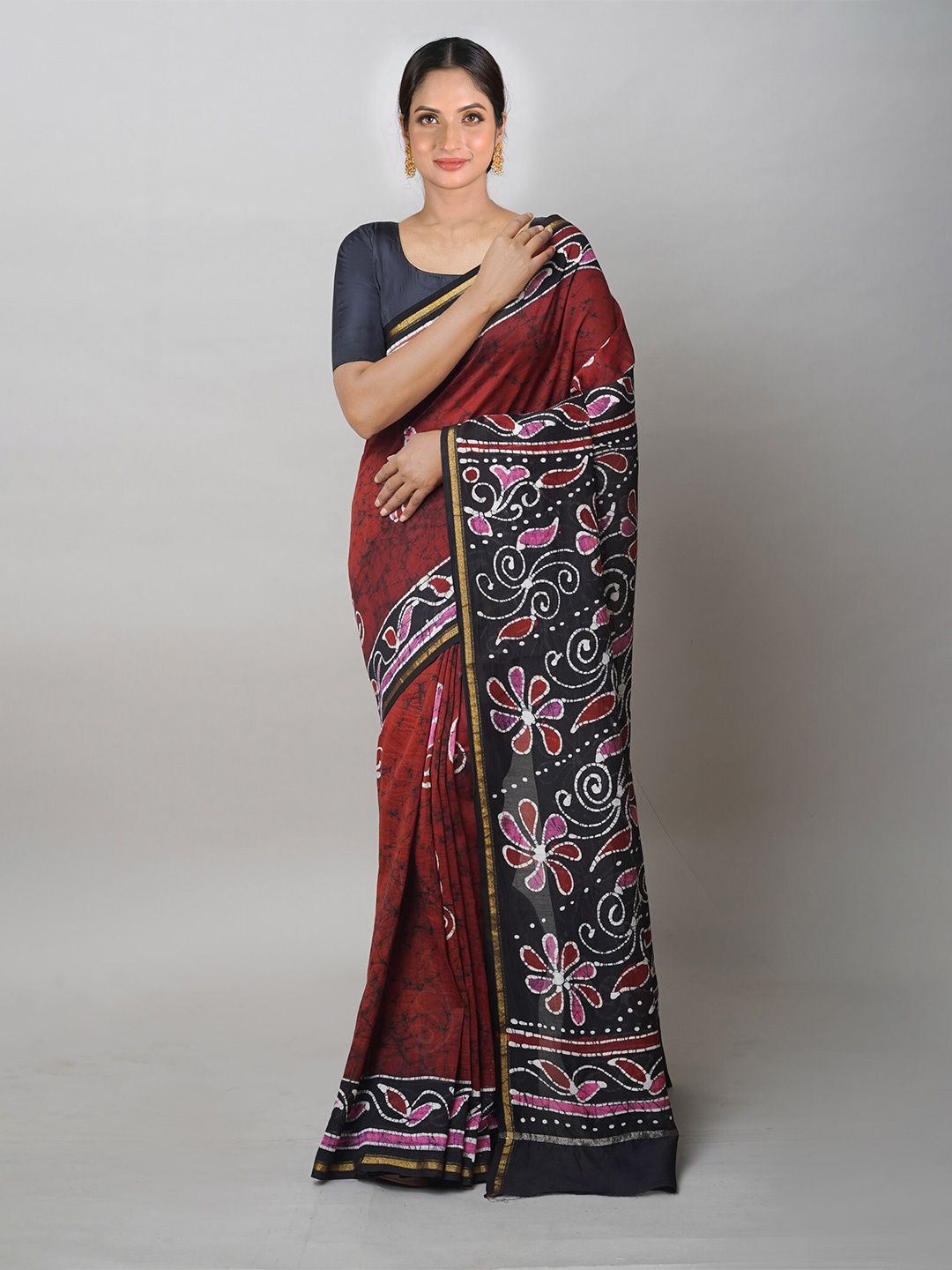 

Unnati Silks Batik Printed Zari Handloom Chanderi Saree, Brown