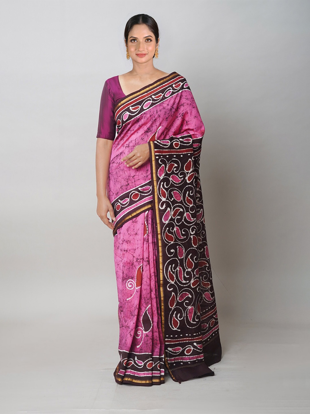 

Unnati Silks Batik Printed Zari Handloom Chanderi Saree, Pink