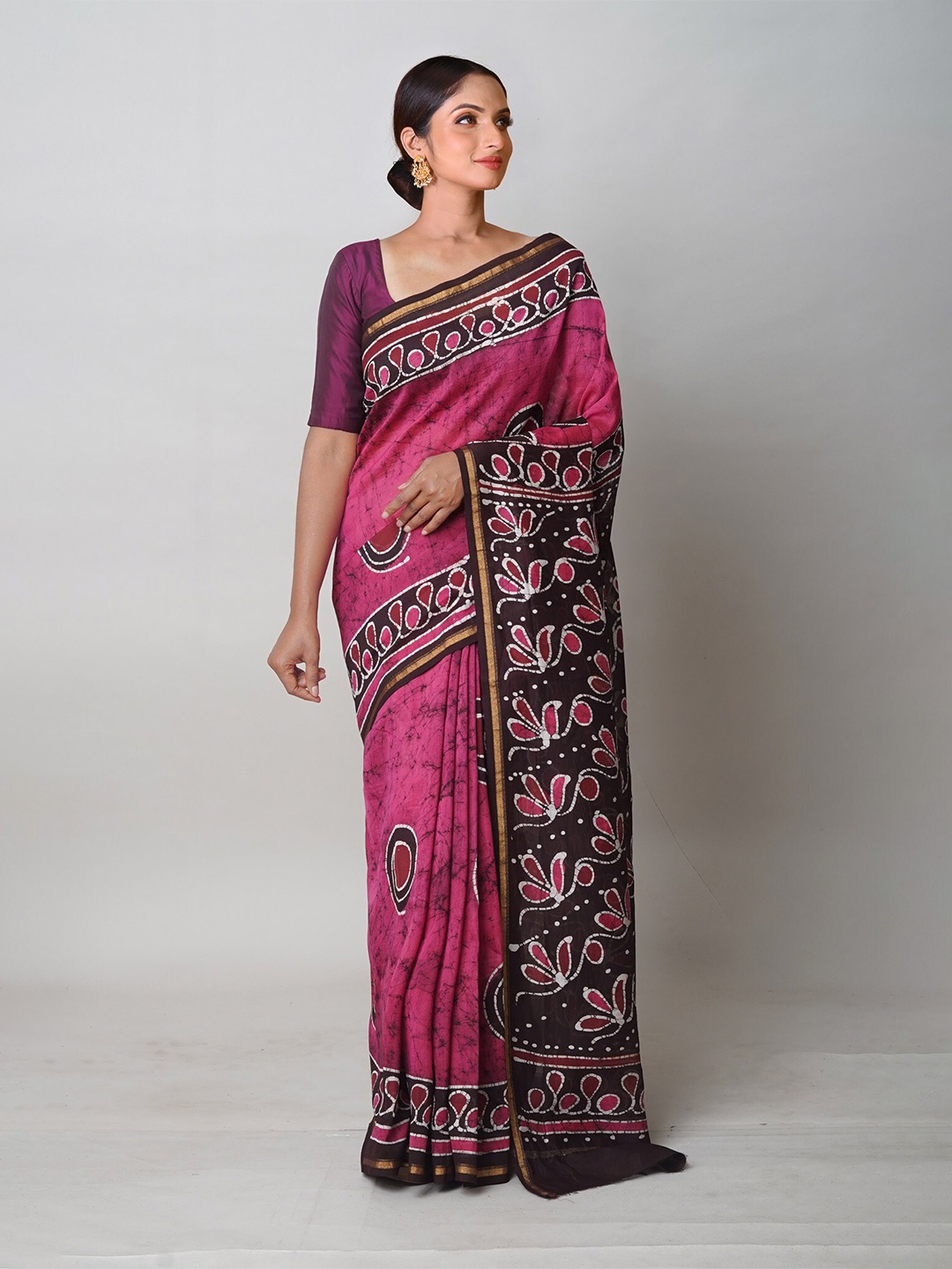 

Unnati Silks Batik Printed Zari Handloom Chanderi Saree, Pink