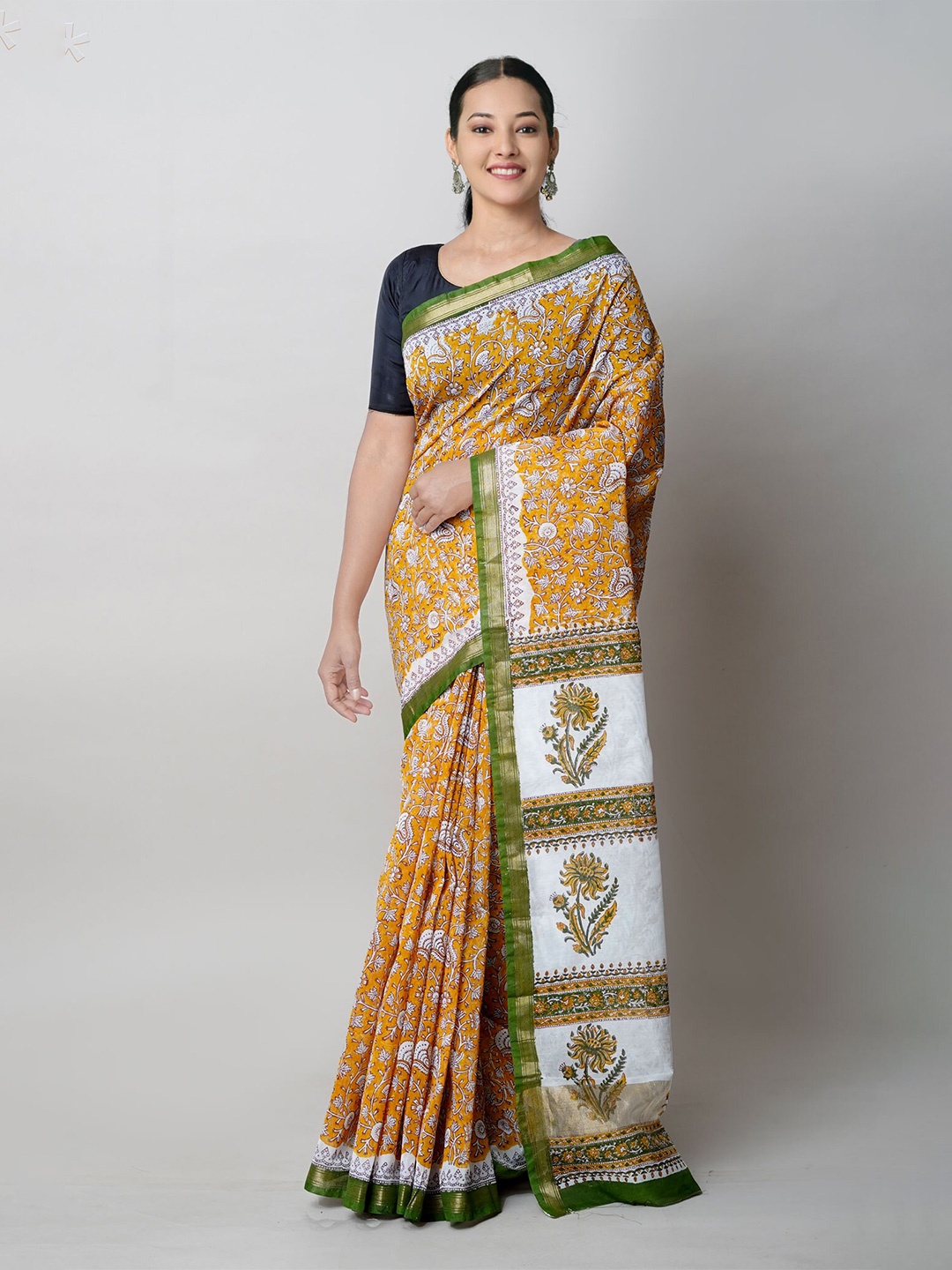 

Unnati Silks Block Printed Zari Silk Cotton Chanderi Saree, Brown
