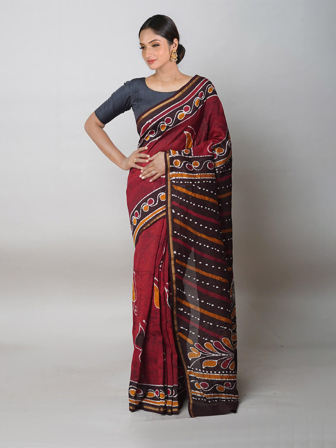 

Unnati Silks Batik Printed Zari Silk Cotton Handloom Chanderi Saree, Red