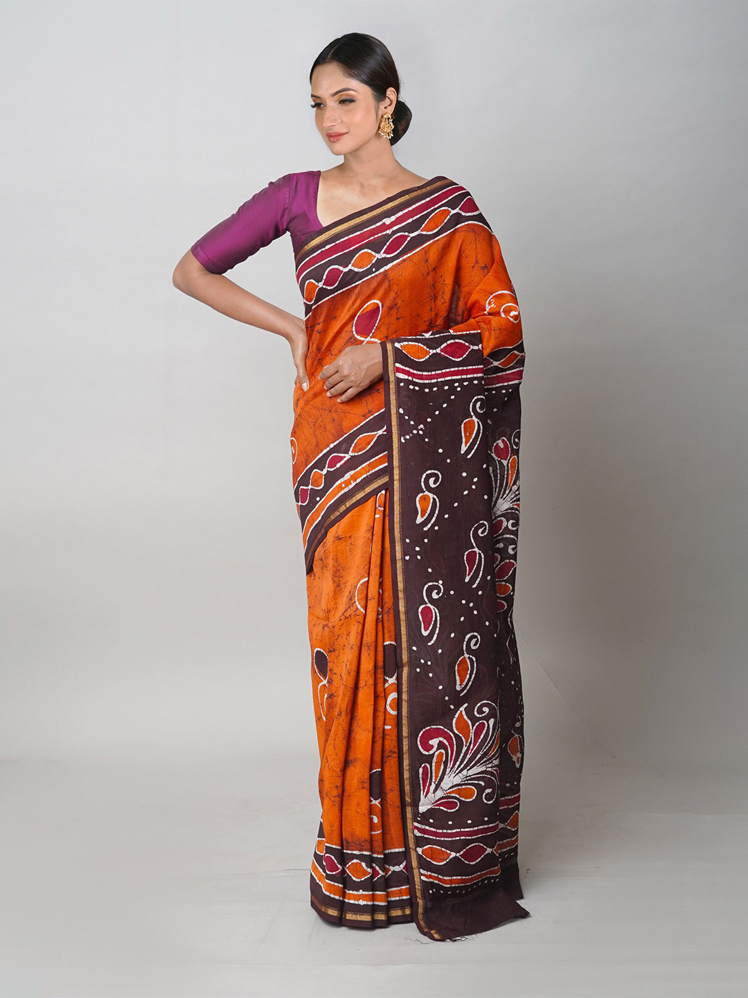 

Unnati Silks Batik Printed Zari Silk Cotton Handloom Chanderi Saree, Orange