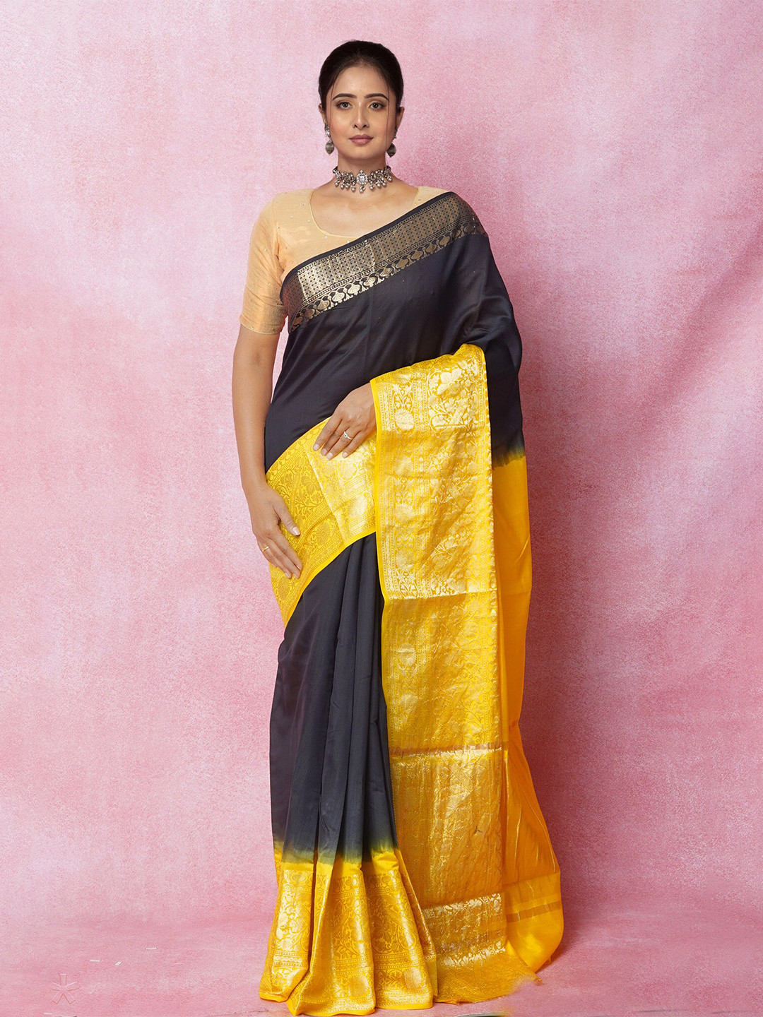 

Unnati Silks Ombre Dyed Zari Pure Silk Handloom Banarasi Saree, Black