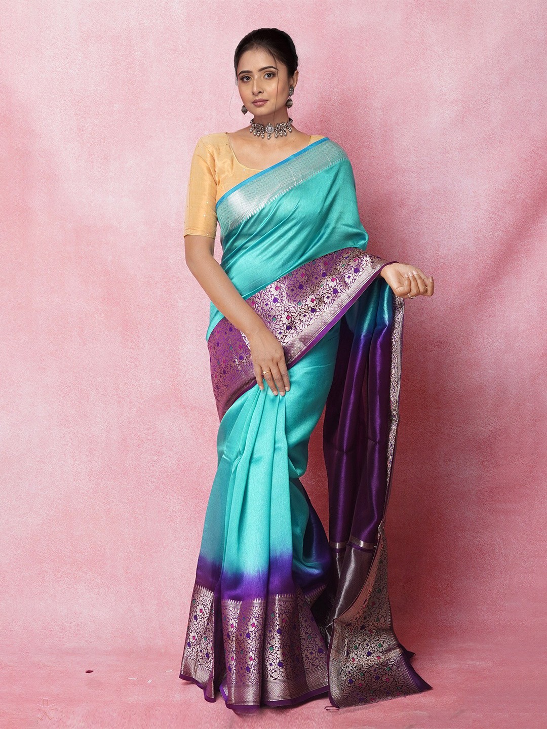 

Unnati Silks Ombre Dyed Zari Pure Silk Handloom Banarasi Saree, Green