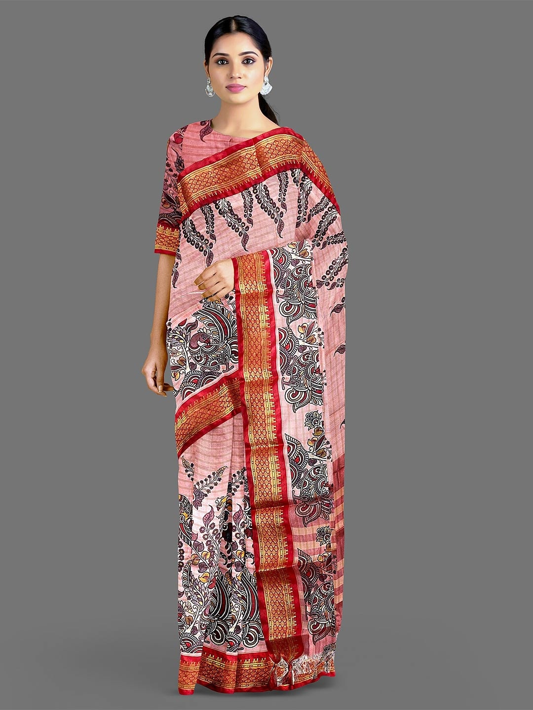 

Lyunica Kalamkari Printed Zari Kanjeevaram Saree, Red