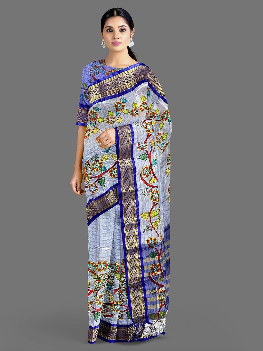 

Lyunica Kalamkari Printed Zari Kanjeevaram Saree, Blue