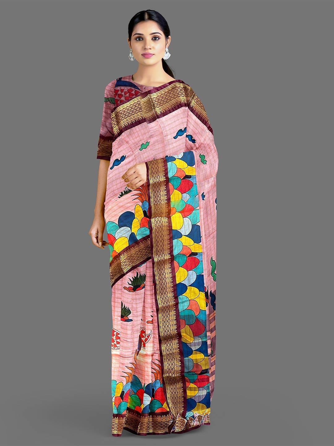 

Lyunica Digital Printed Zari Silk Kanjeevaram Saree, Brown