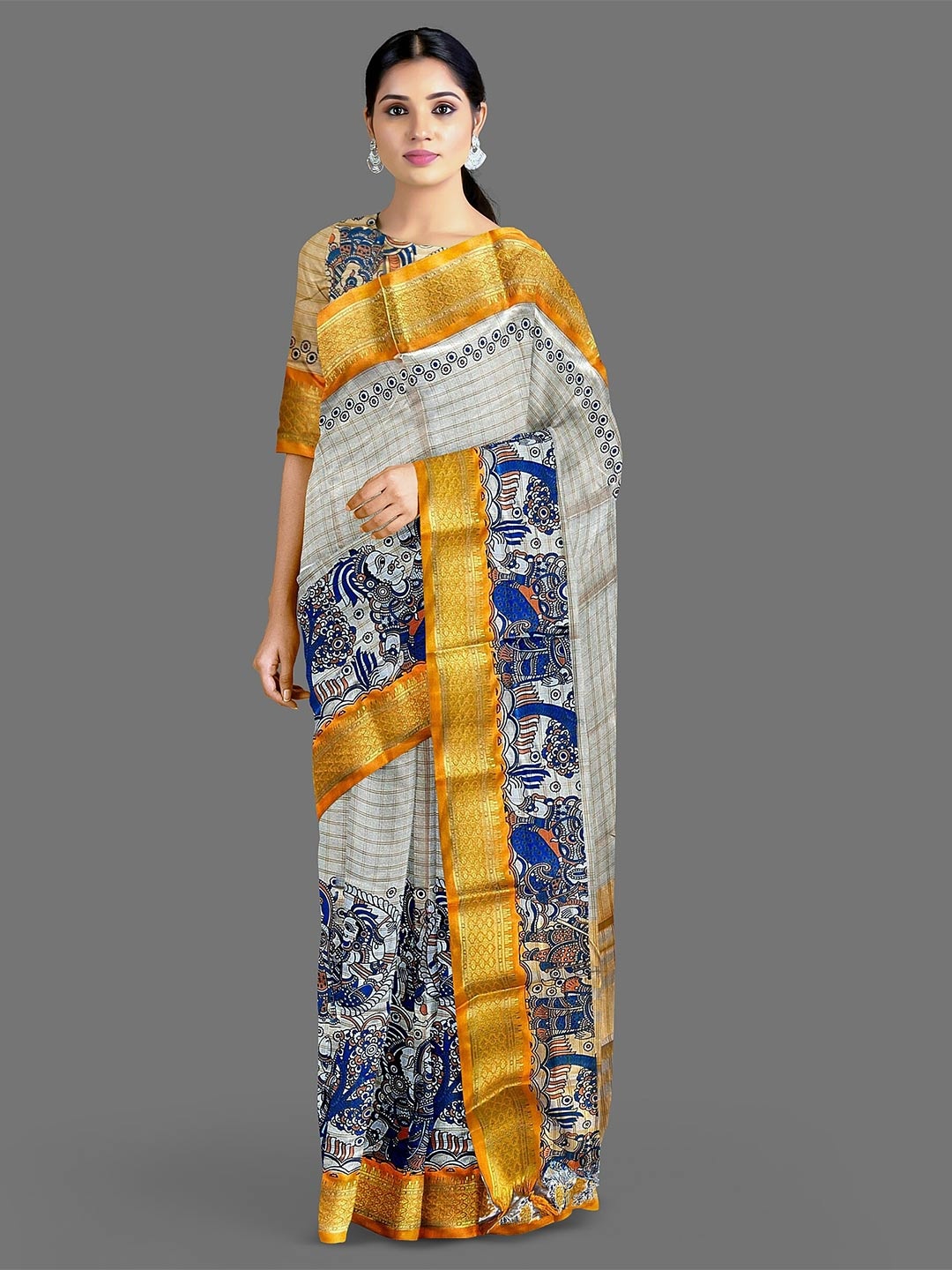 

Lyunica Kalamkari Printed Zari Kanjeevaram Saree, White