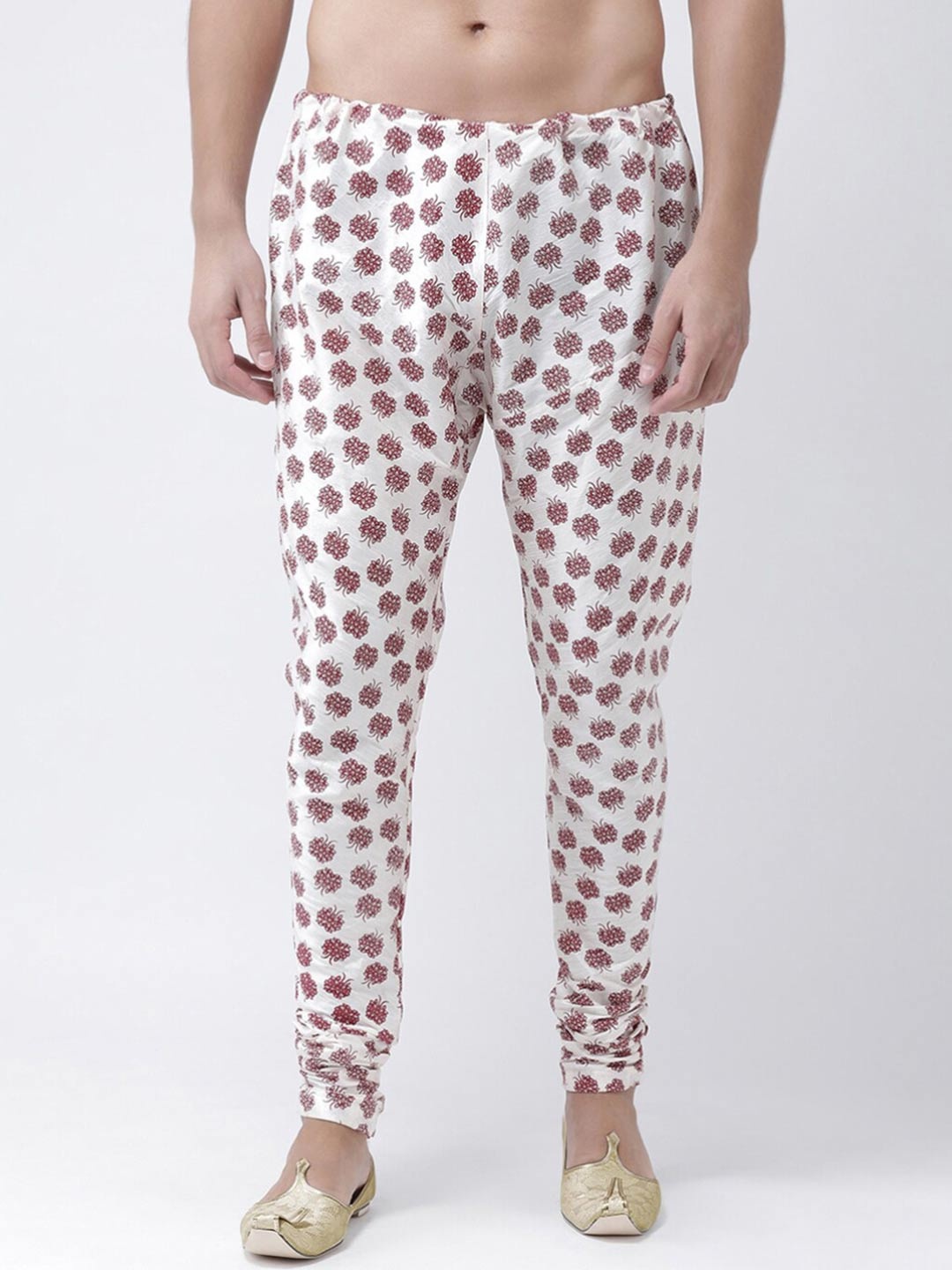 

DEYANN Men Floral Printed Dupion Silk Straight Fit Churidar, Off white
