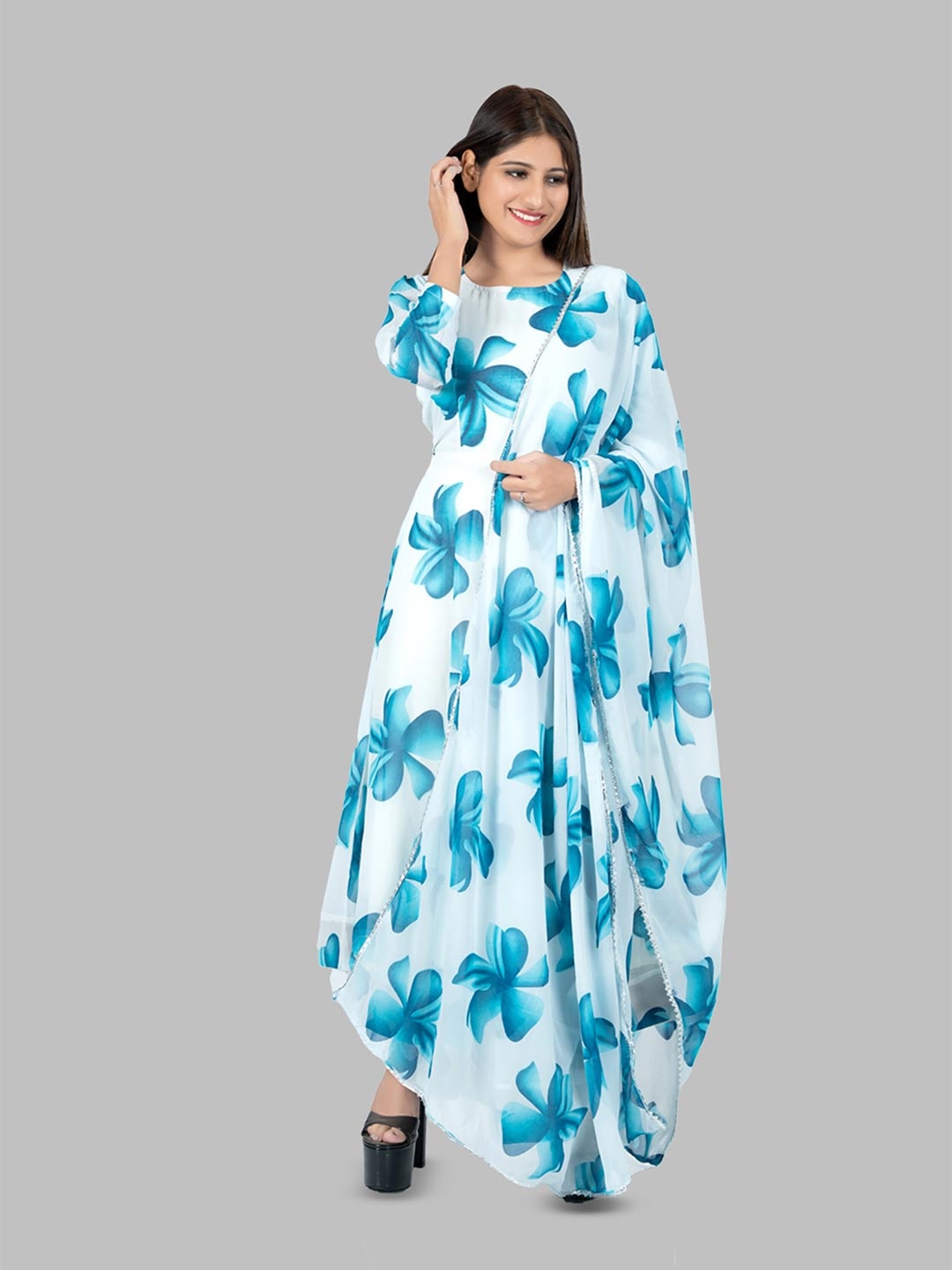 

N N ENTERPRISE Floral Printed Regular Anarkali Kurta With Trousers & Dupatta, Turquoise blue