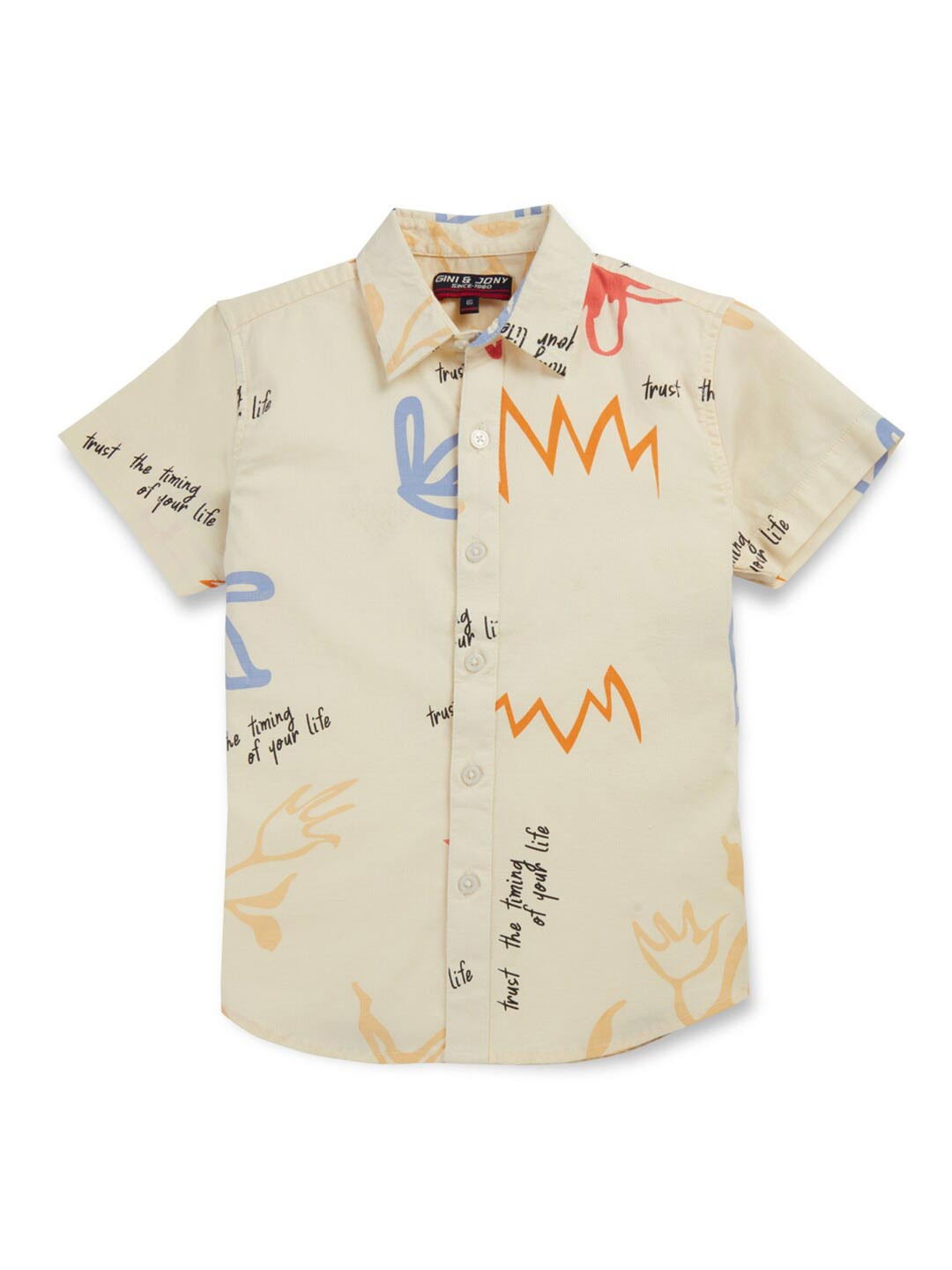 

Gini and Jony Boys Spread Collar Short Sleeves Opaque Printed Casual Shirt, Cream