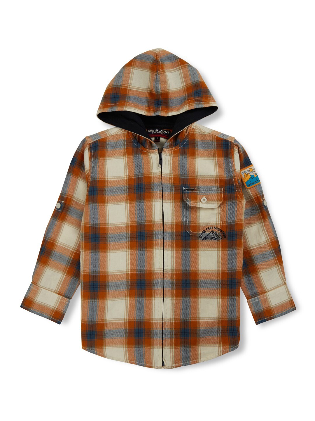 

Gini and Jony Boys Brown Tartan Checks Hood Long Sleeves Cotton Casual Shirt