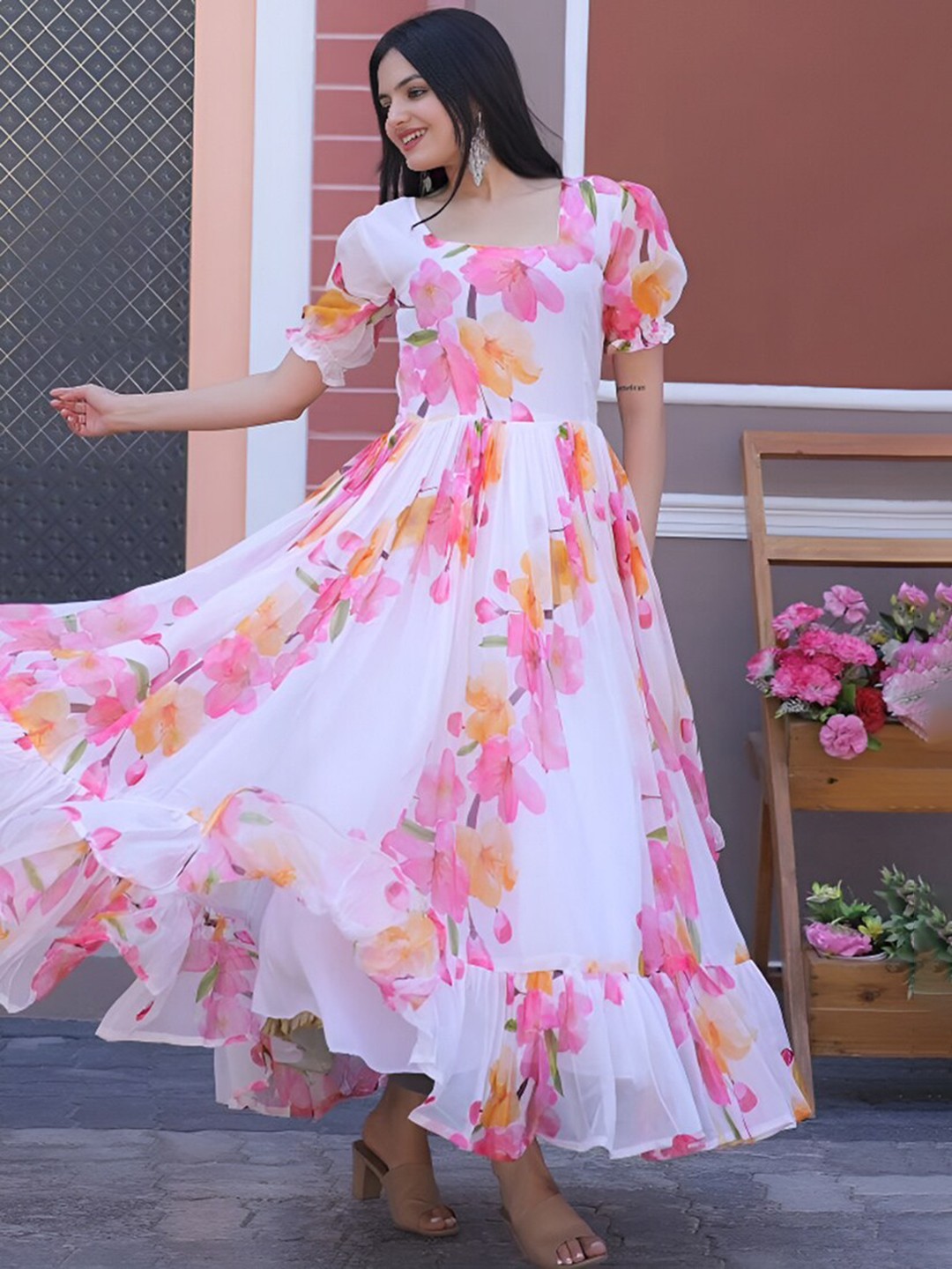 

SHINISHA Square Neck Puff Sleeves Floral Print Georgette Fit & Flare Maxi Dress, White