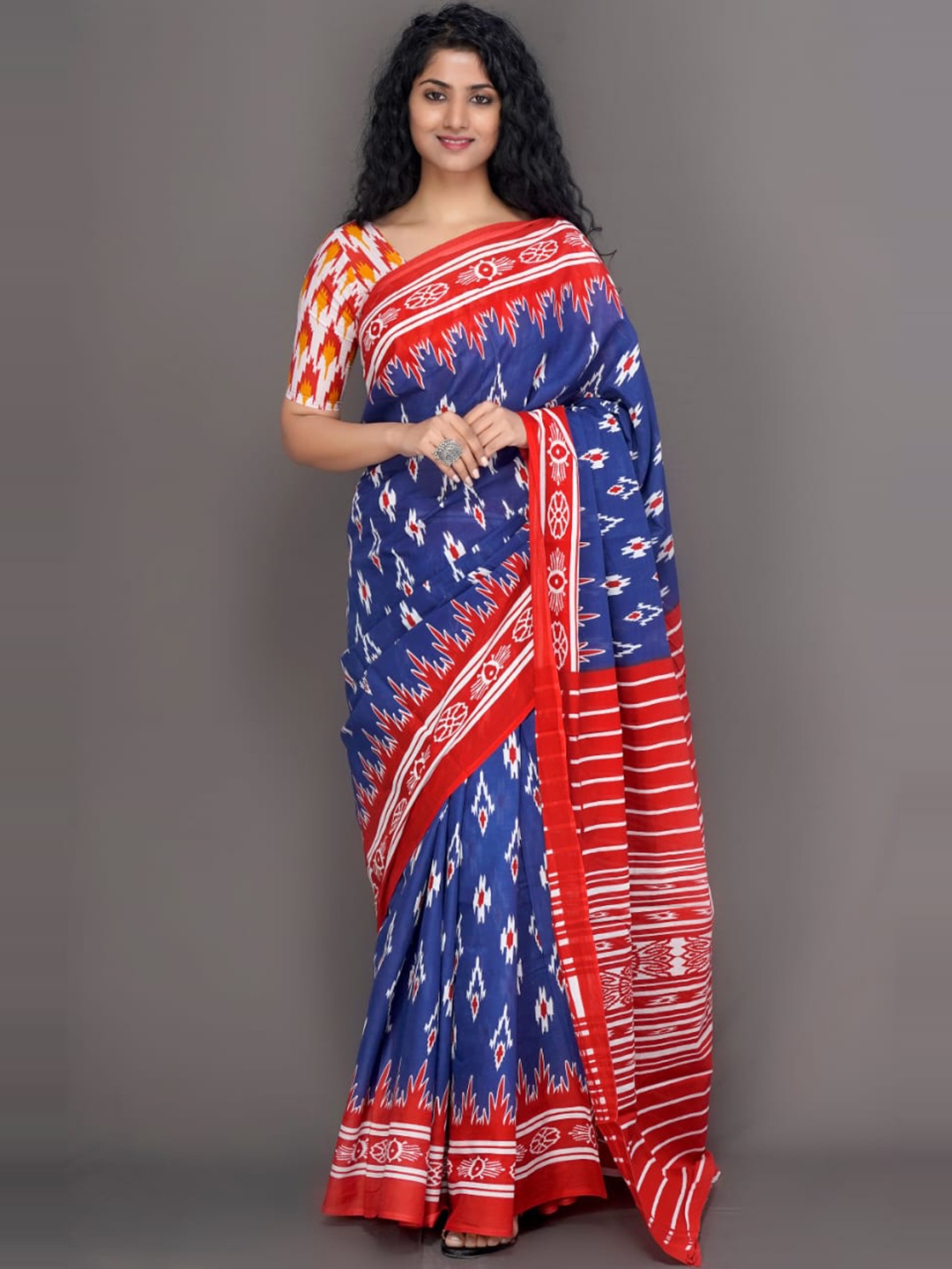 

clothonus Geometric Print Jaipuri Cotton Ikat Saree, Red