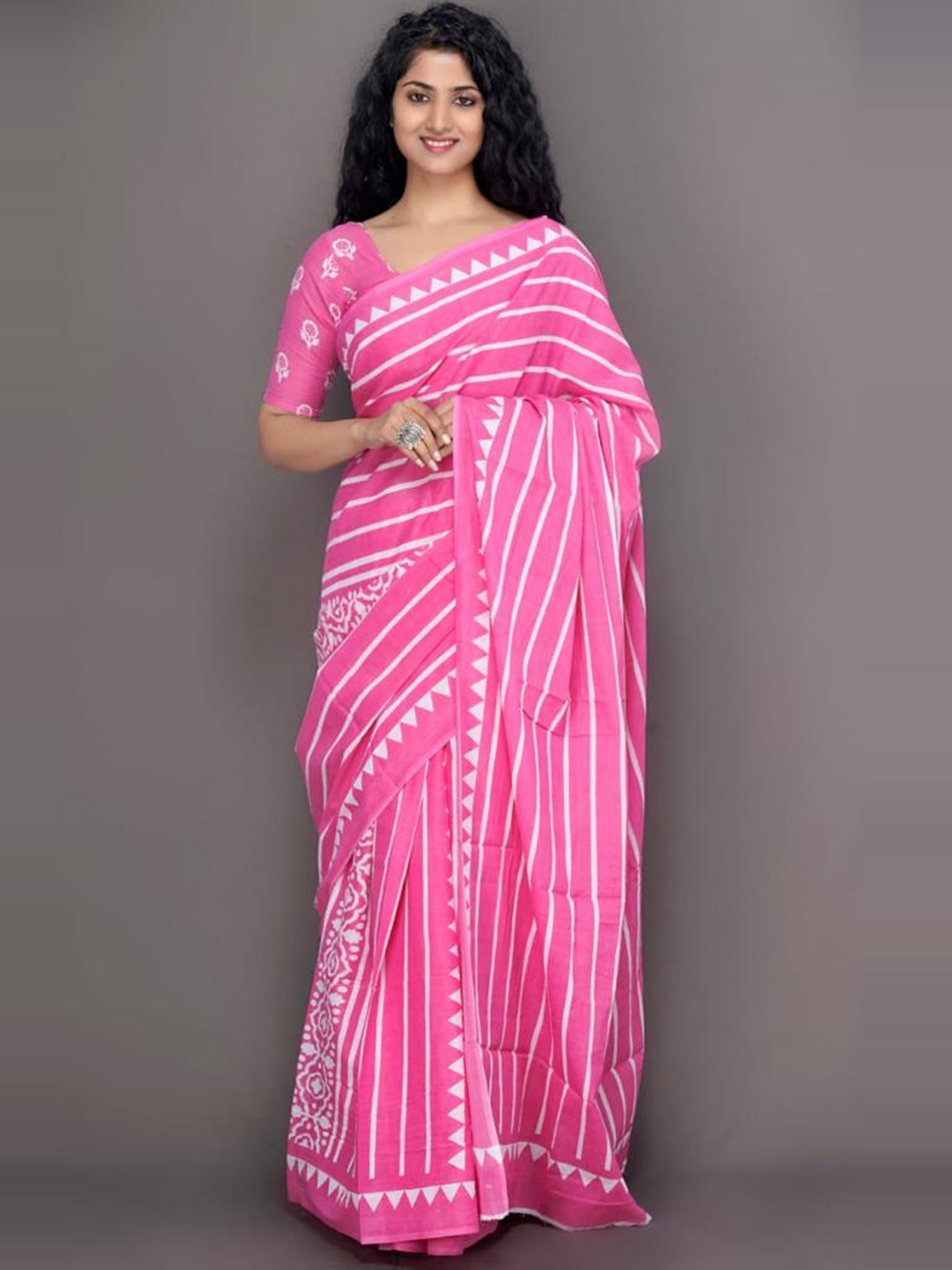 

clothonus Striped Print Jaipuri Cotton Ikat Saree, Pink