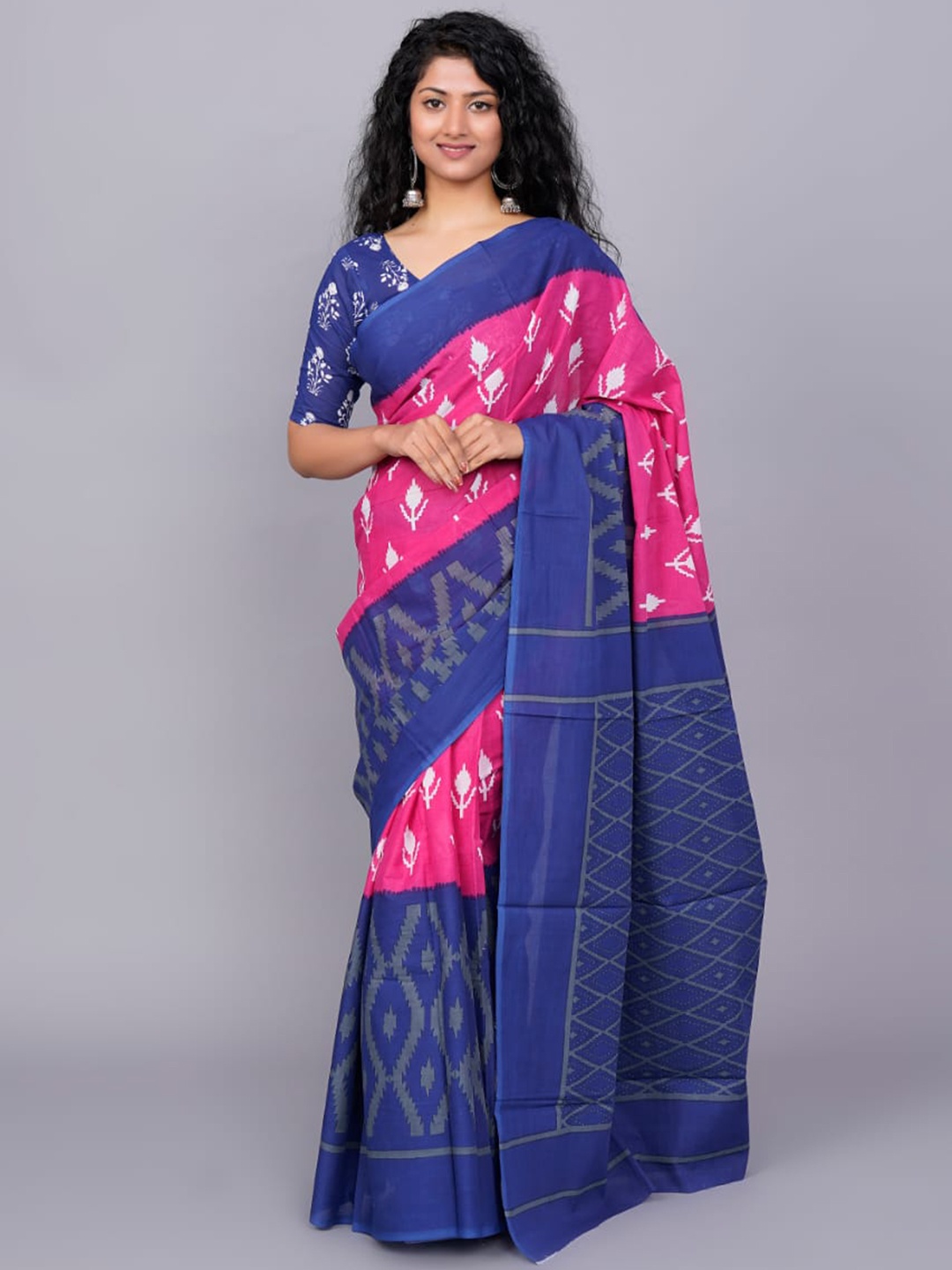 

clothonus Floral Print Jaipuri Cotton Ikat Saree, Pink